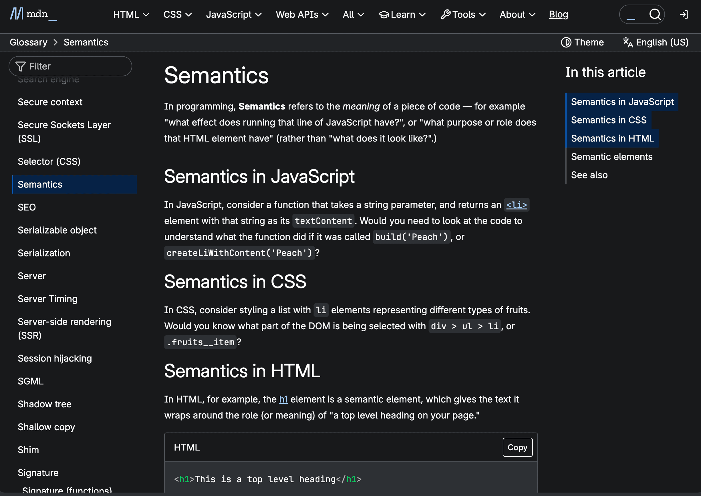 MDN documentation explaining semantics in HTML