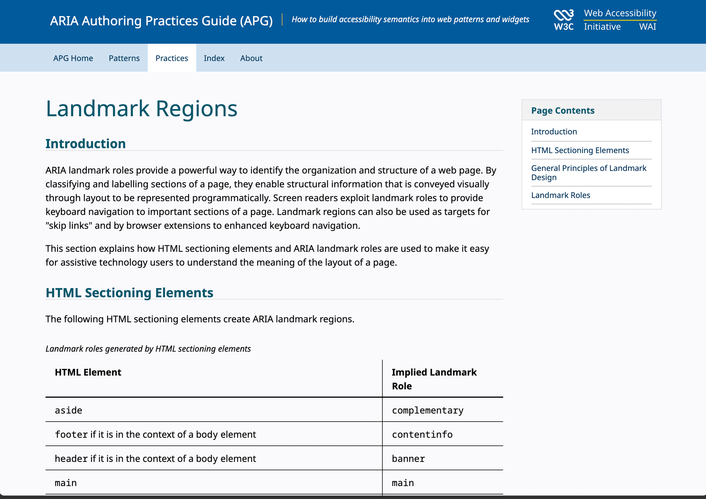 W3C WAI ARIA Authoring Practices guidance for landmark regions