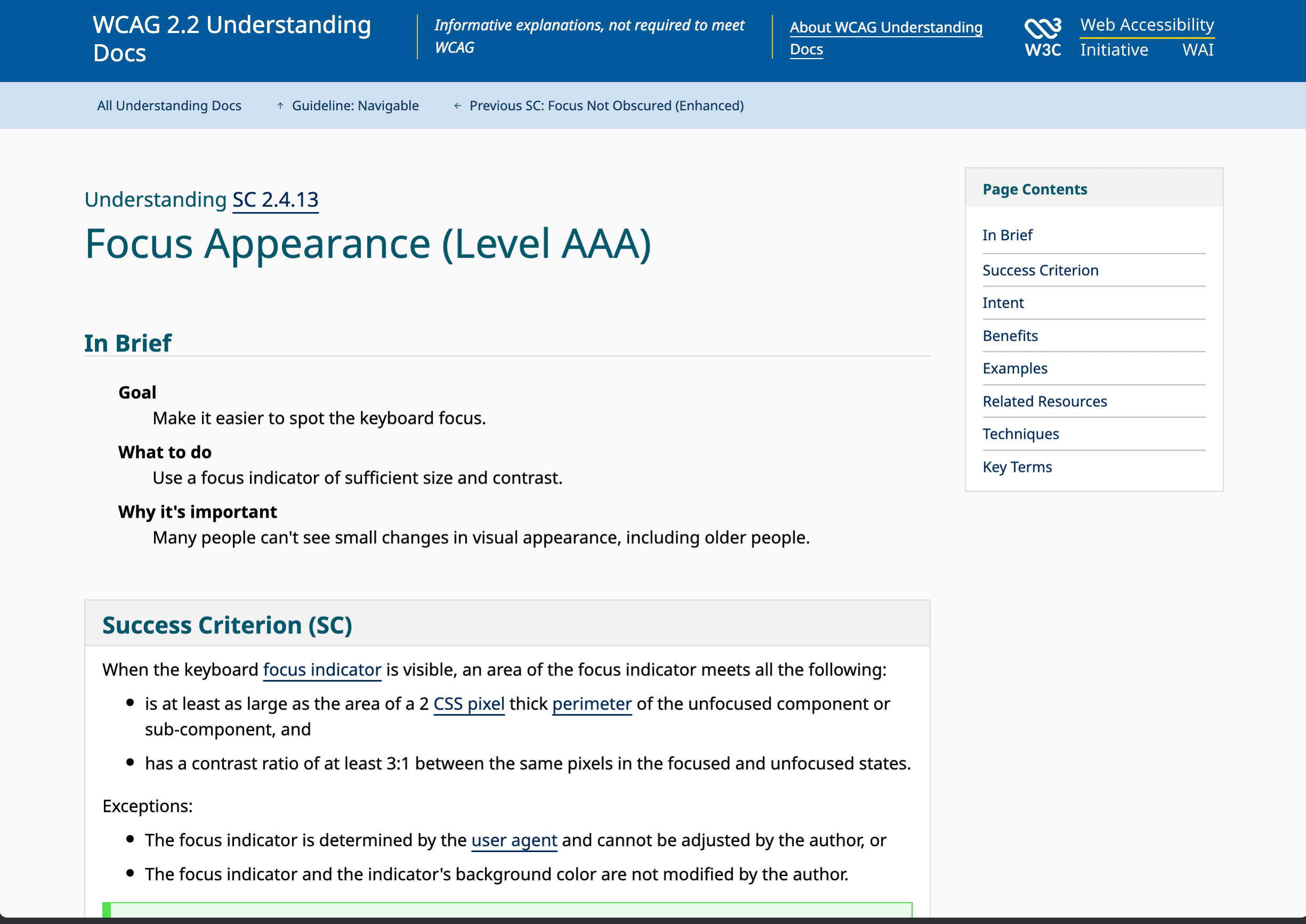 W3C WCAG guidance for focus appearance