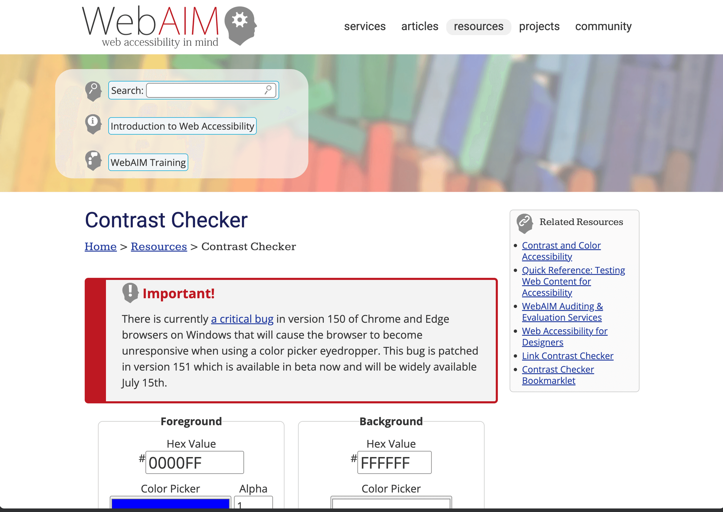 Live WebAIM color contrast checker