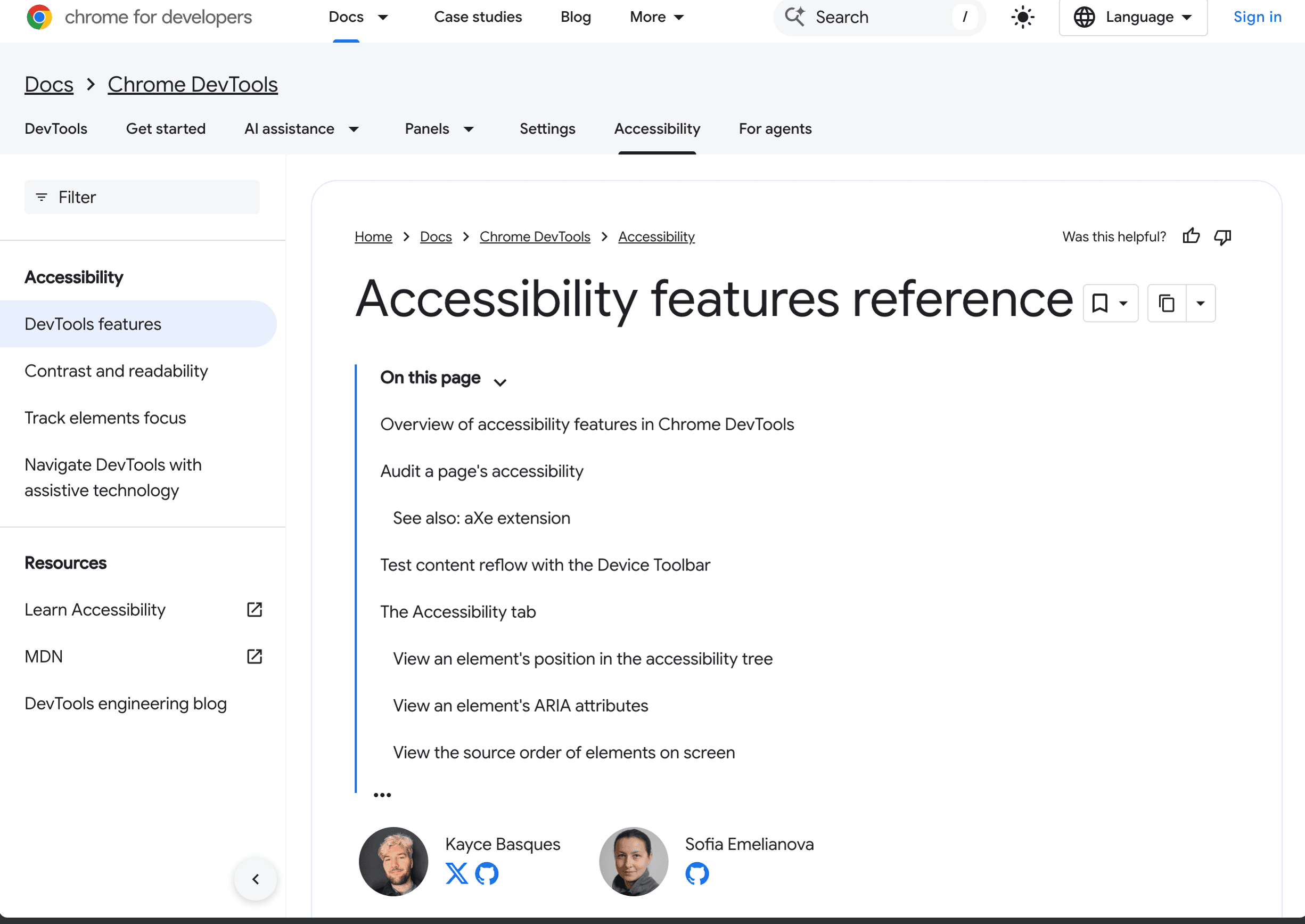 Chrome DevTools accessibility reference