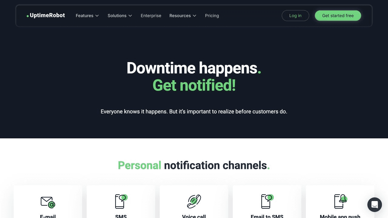Live UptimeRobot alerting product page