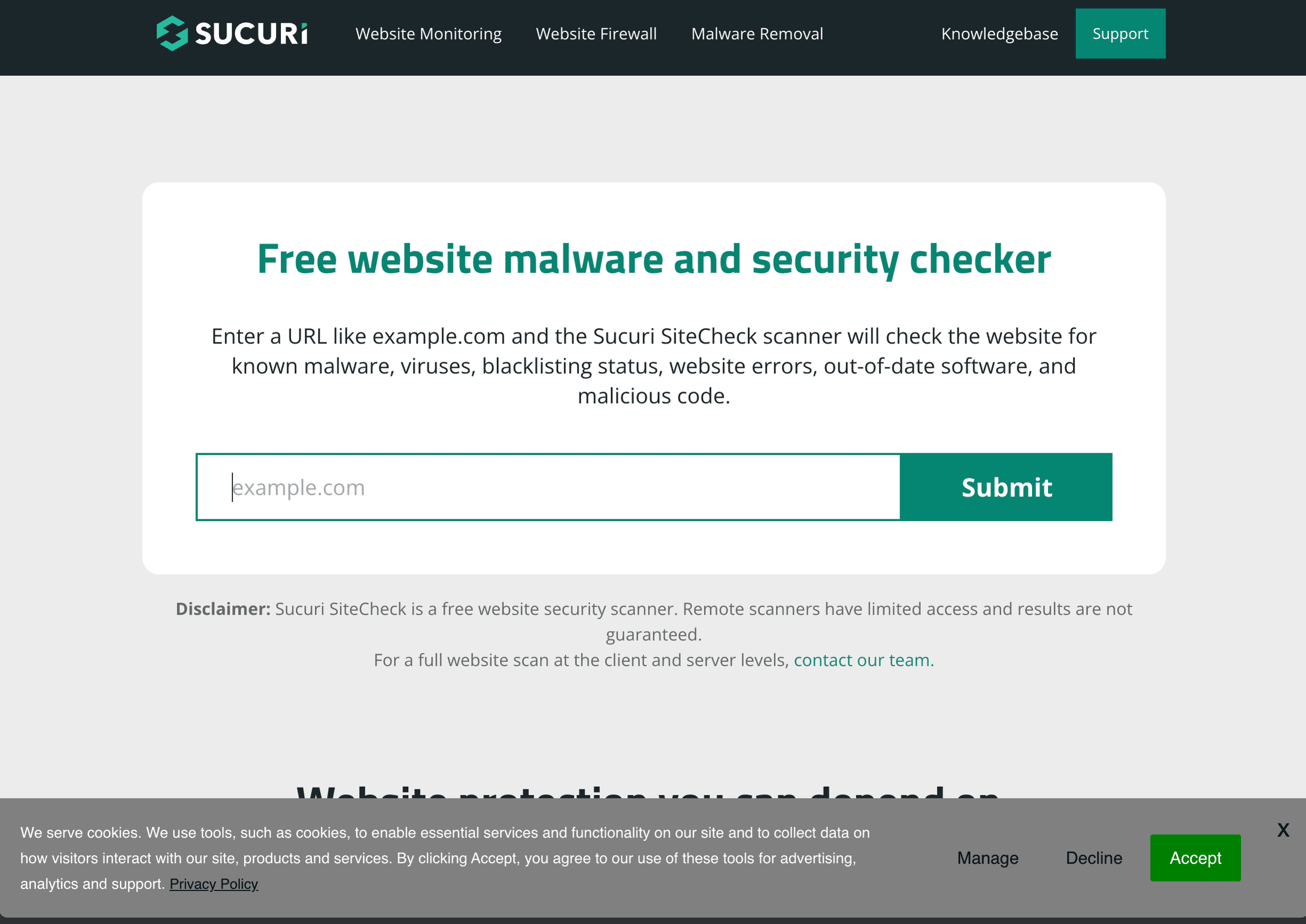 Live Sucuri SiteCheck scanner with an empty website field