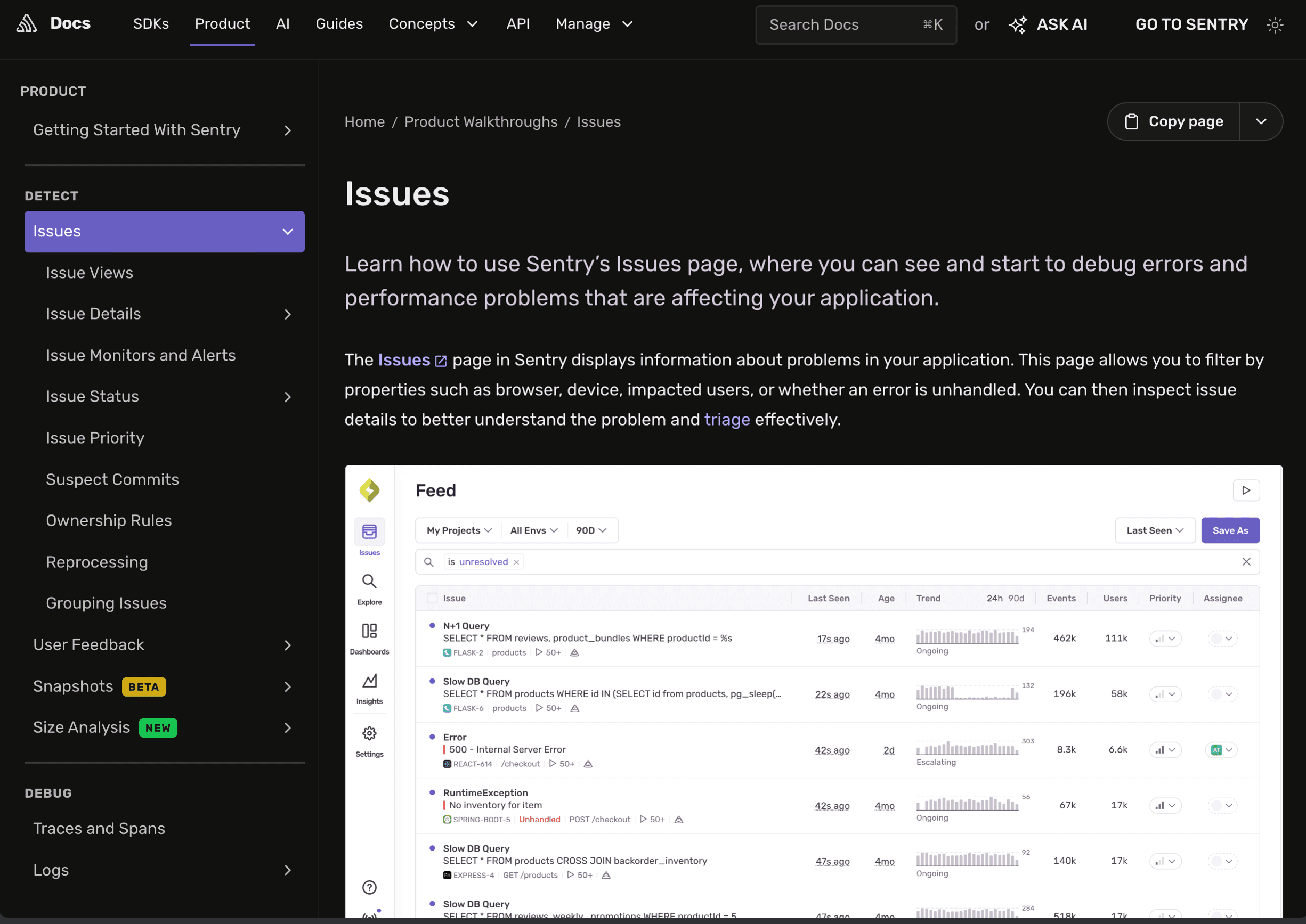Sentry documentation for issue tracking