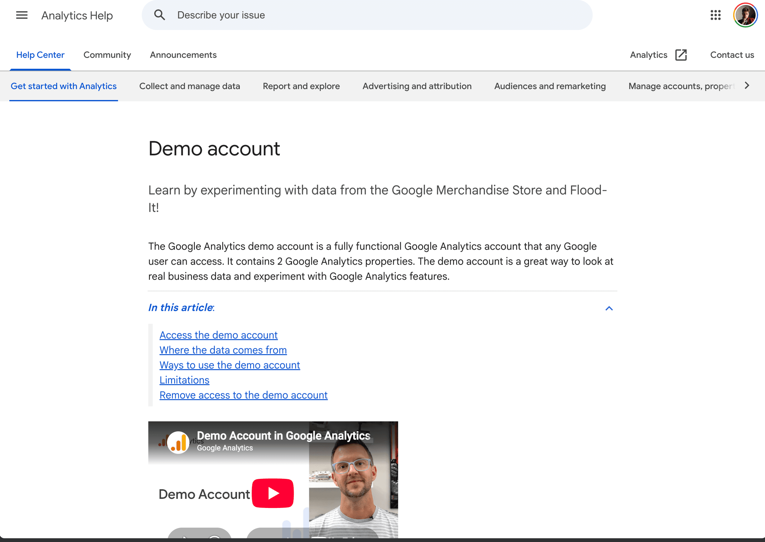 Google Analytics Help page for the public demo account