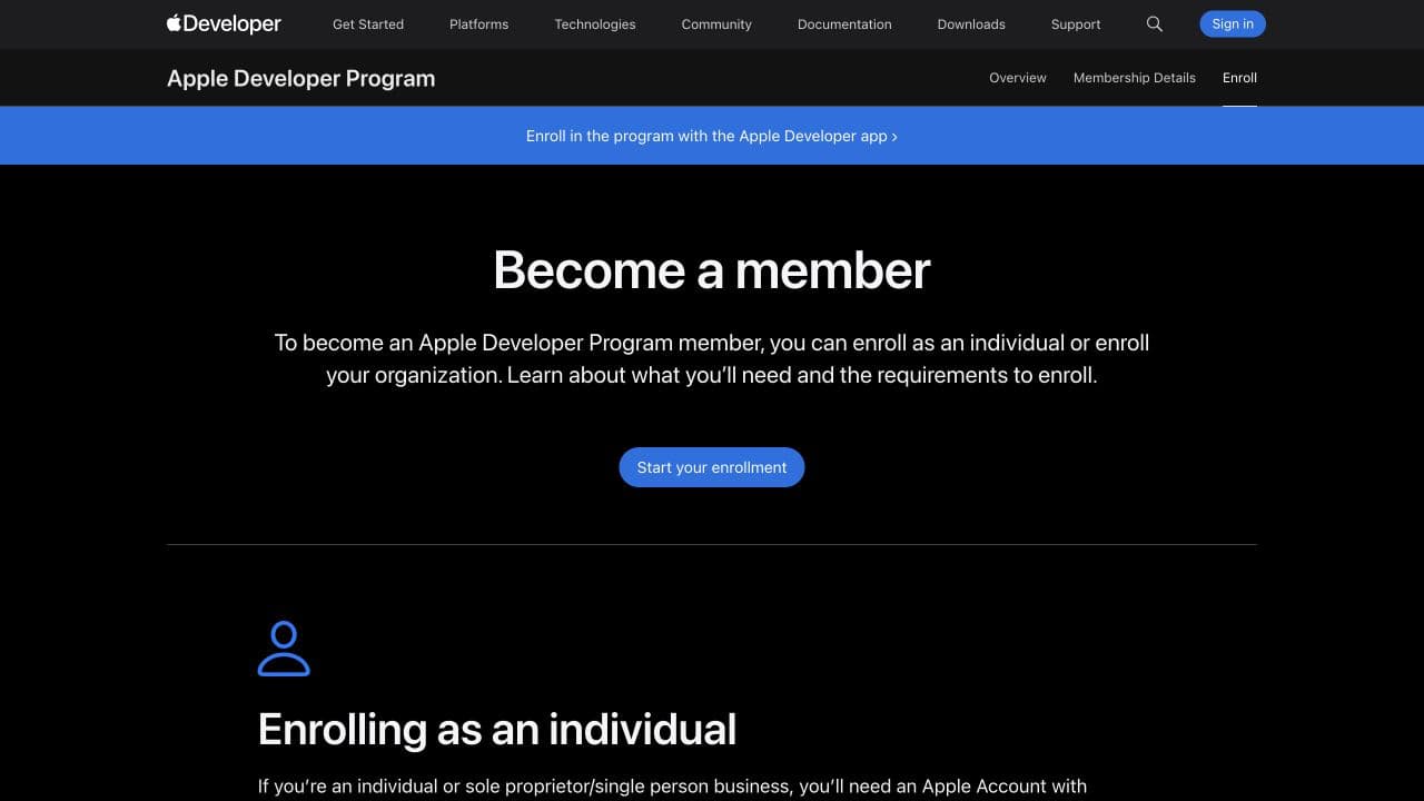 Apple Developer Program Become a member page with the organization enrollment entry point