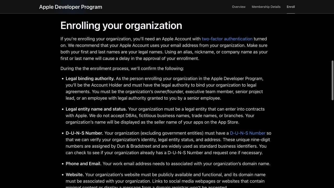 Apple Developer Program organization requirements listing legal authority D-U-N-S phone email and website