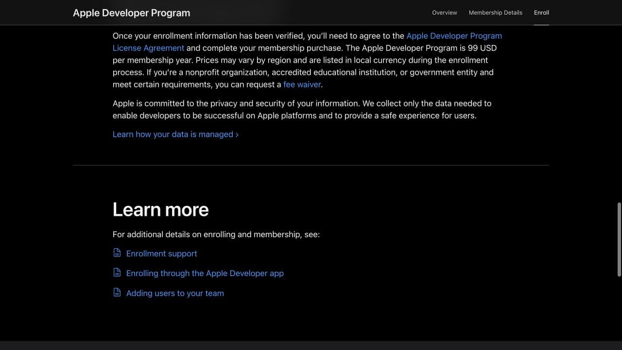 Apple Developer Program terms and payment section showing the current annual membership price