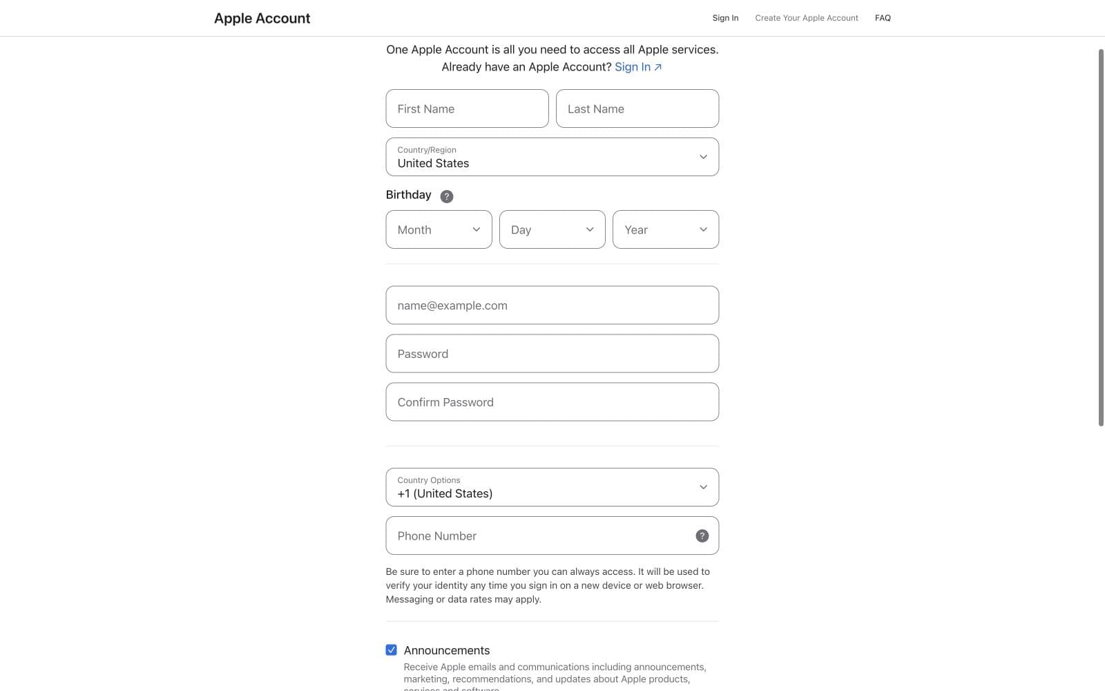 Apple Create Your Apple Account form with name country birthday email password and phone fields