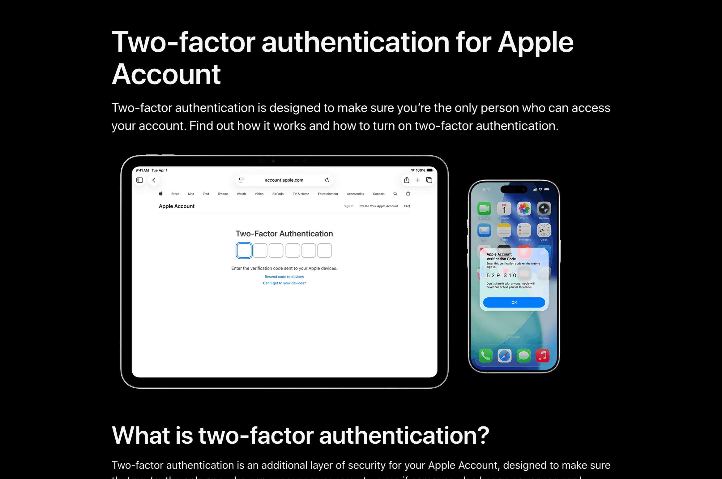 Apple Support guide explaining two-factor authentication for an Apple Account