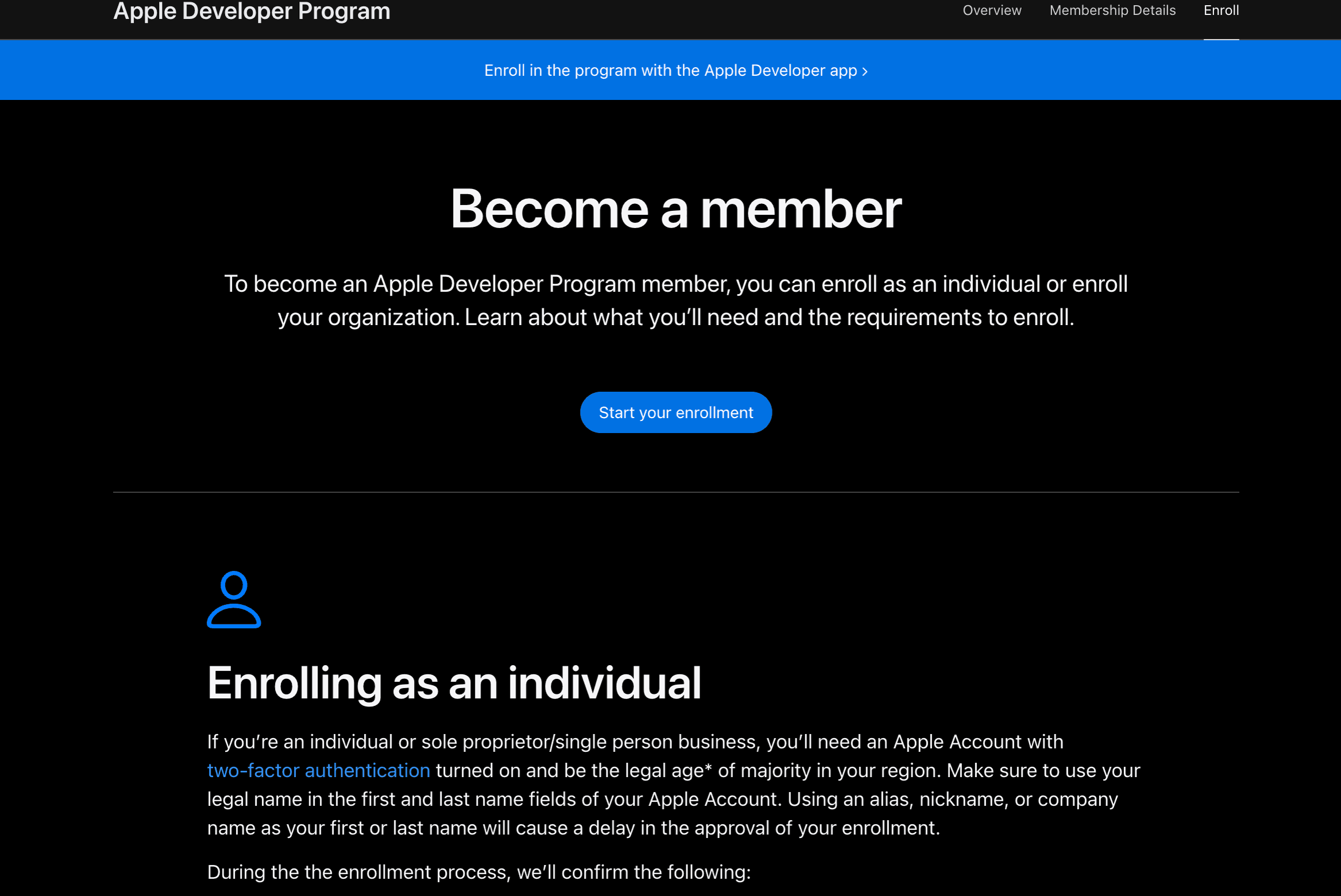 Apple Developer Program website with the Start your enrollment button