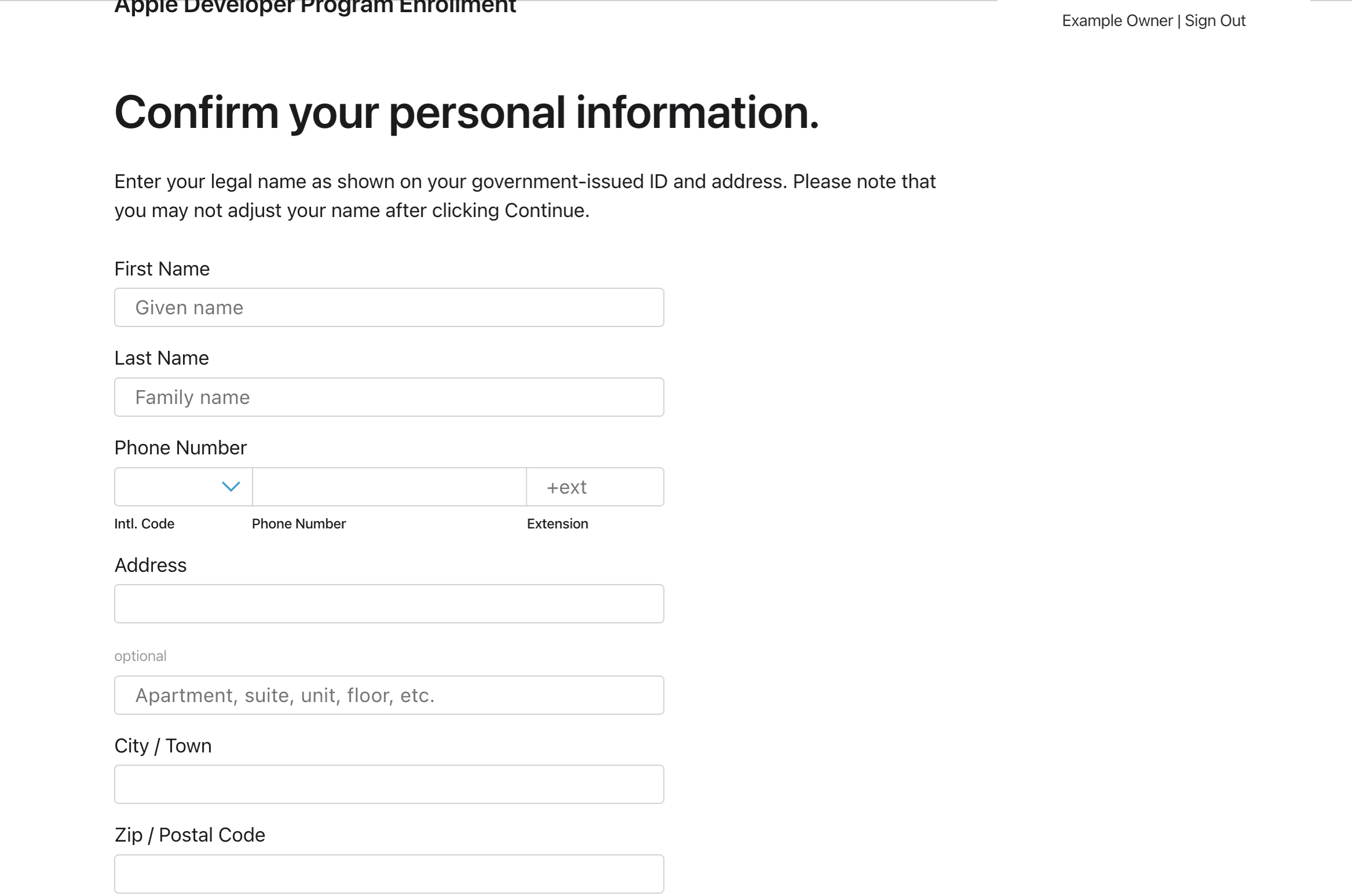Apple Developer identity verification screen requesting legal details and photo ID