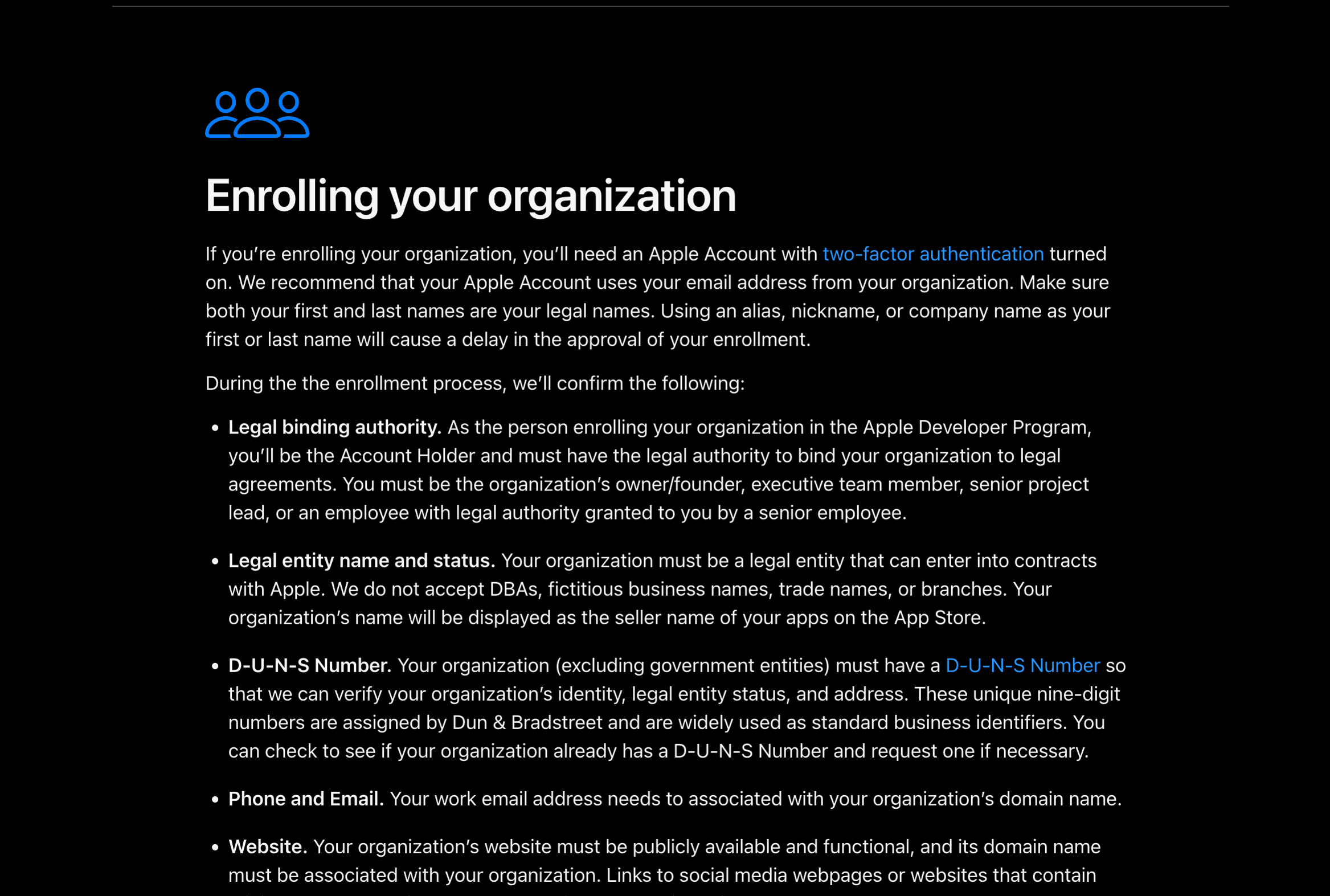 Apple Developer Program organization requirements highlighting legal binding authority