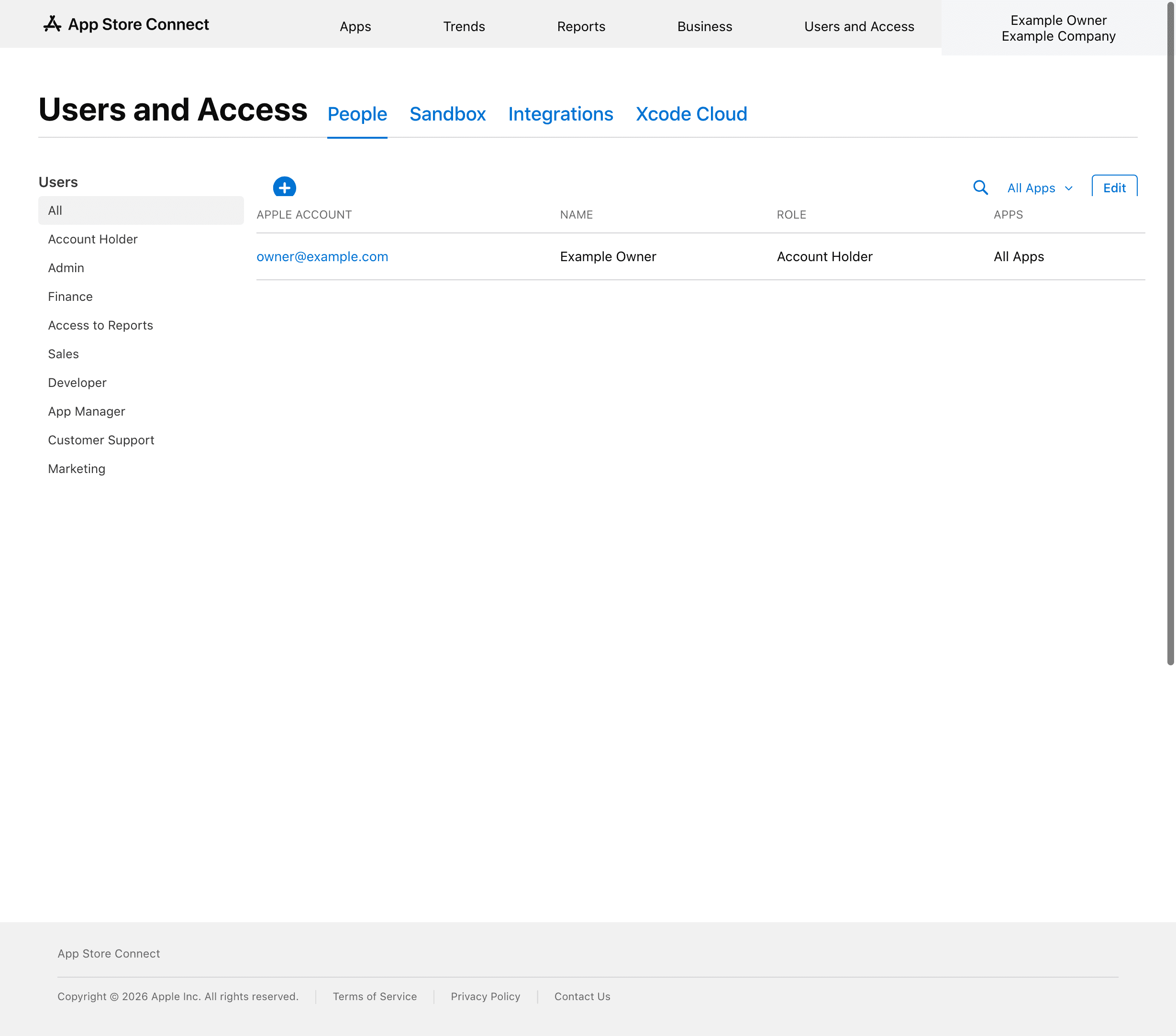 App Store Connect Users and Access page with the add user button