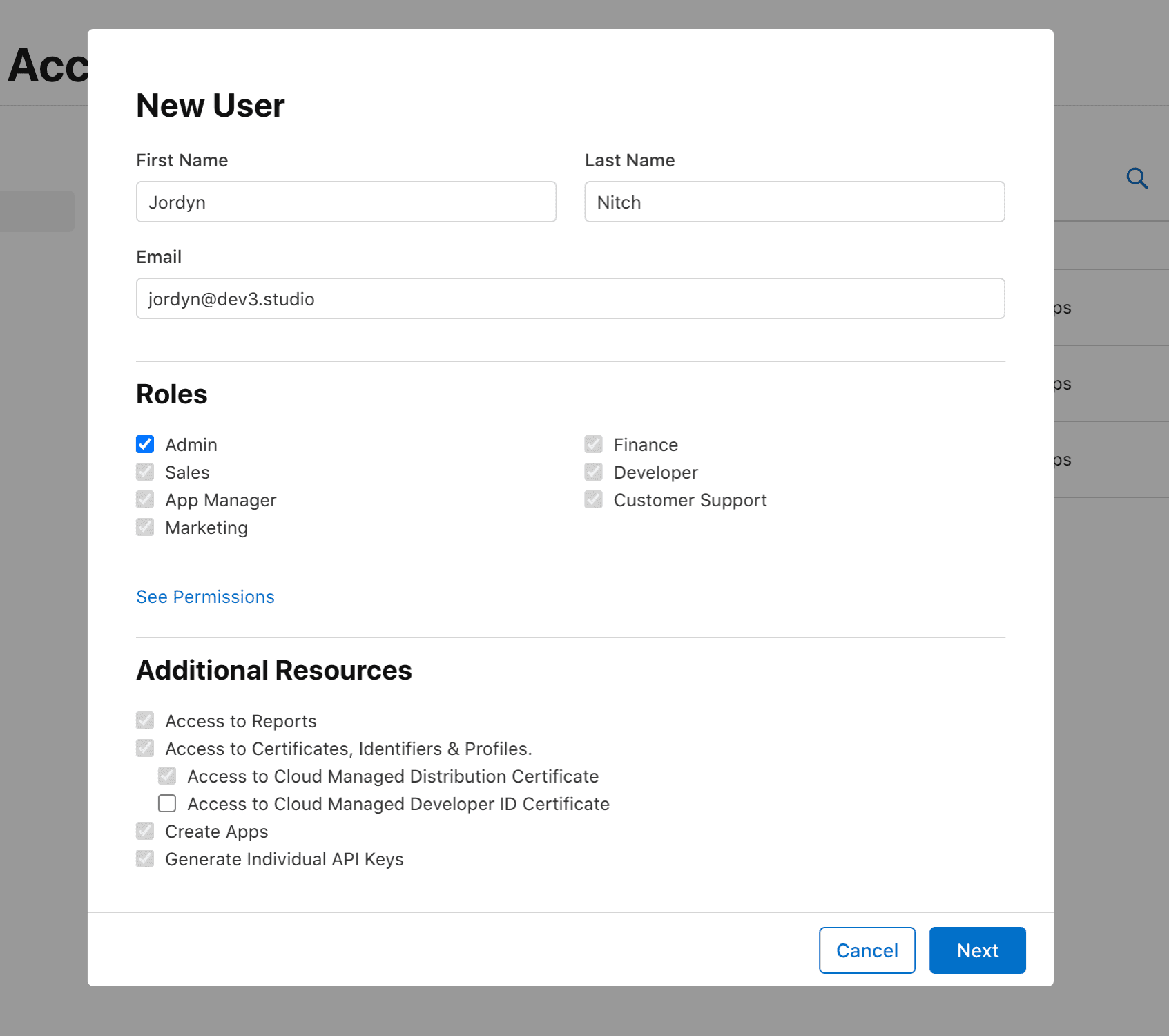 App Store Connect invitation assigning Admin and Certificates Identifiers and Profiles access to a Dev3 Studio team member