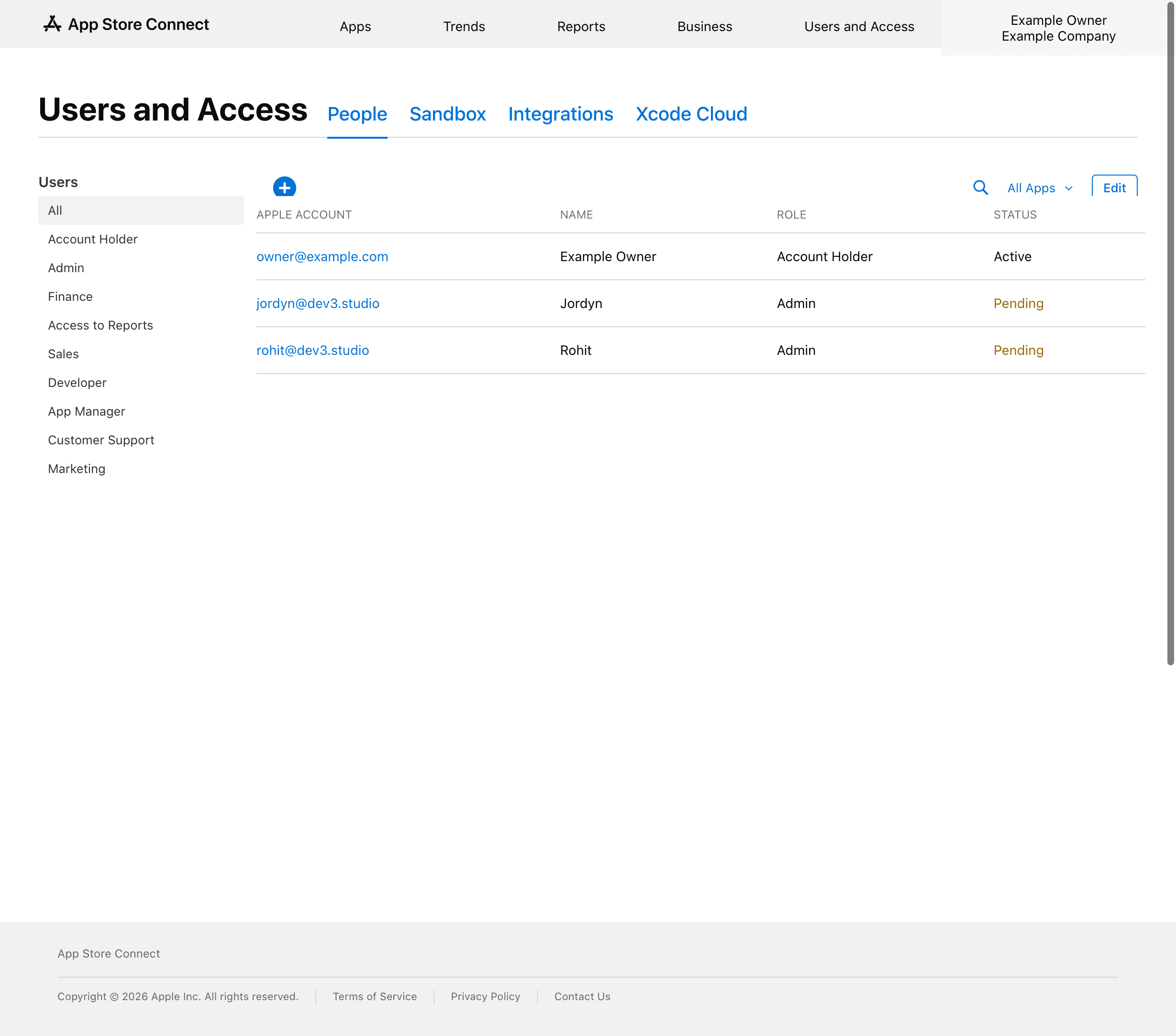 App Store Connect users list showing both Dev3 Studio Admin invitations