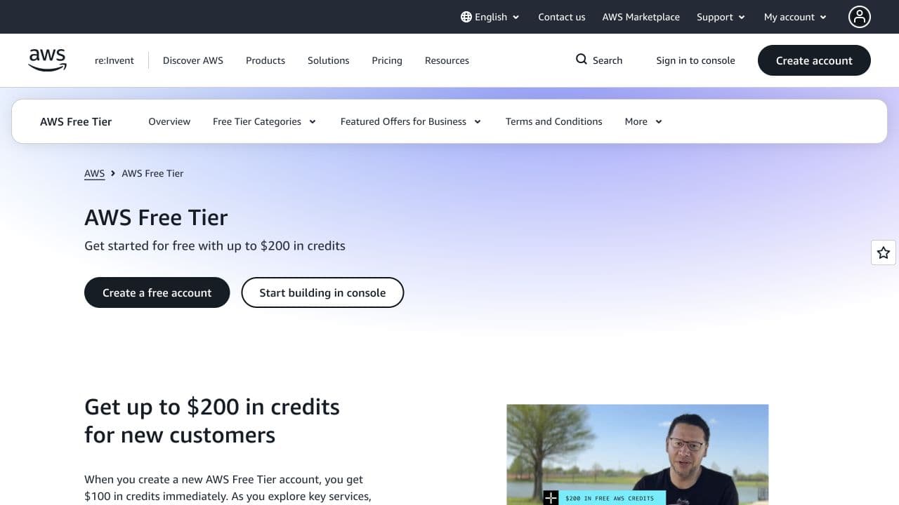 AWS Free Tier page showing the current credit offer and Free and Paid plan comparison