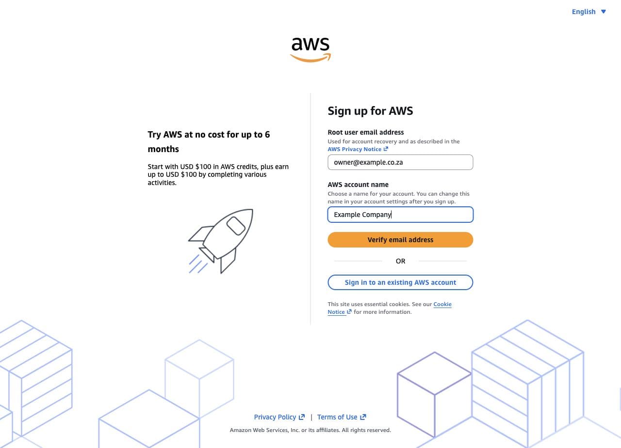 AWS sign-up screen requesting the root email address and account name