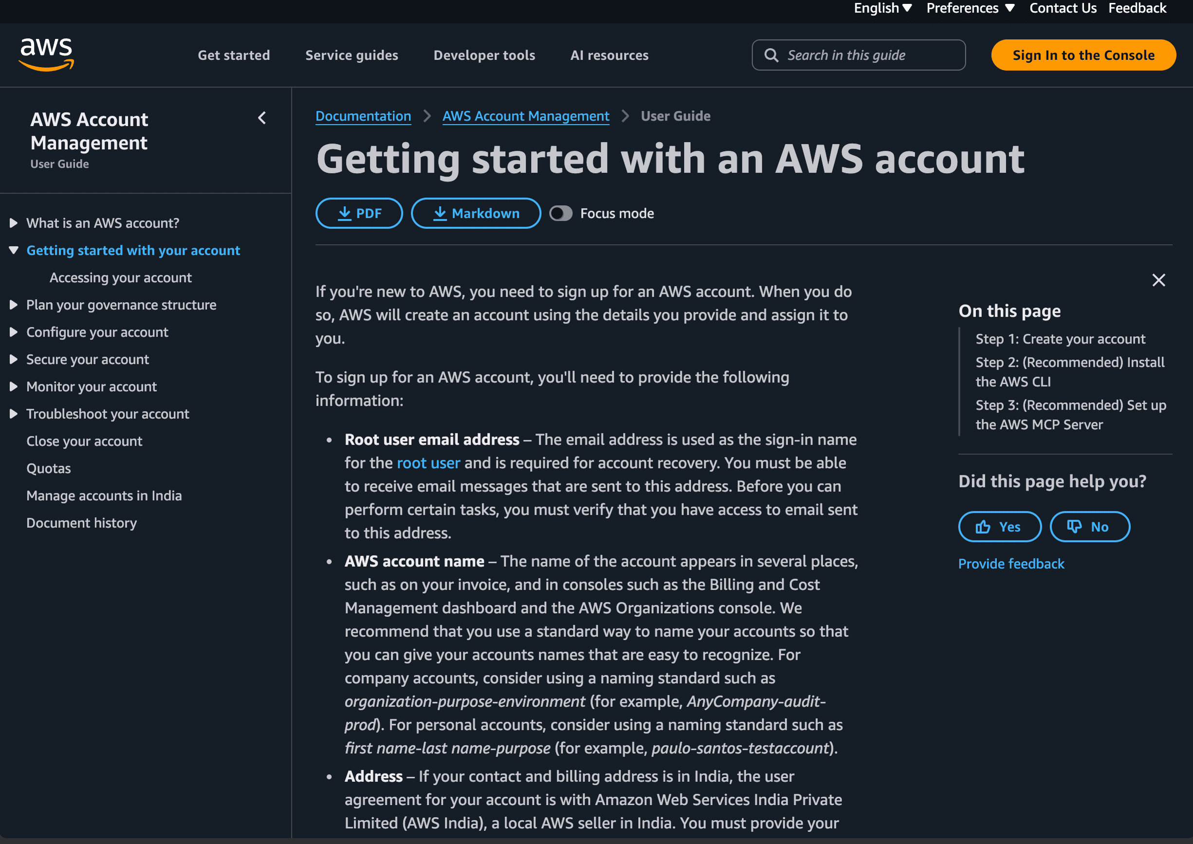 Official AWS account getting-started documentation