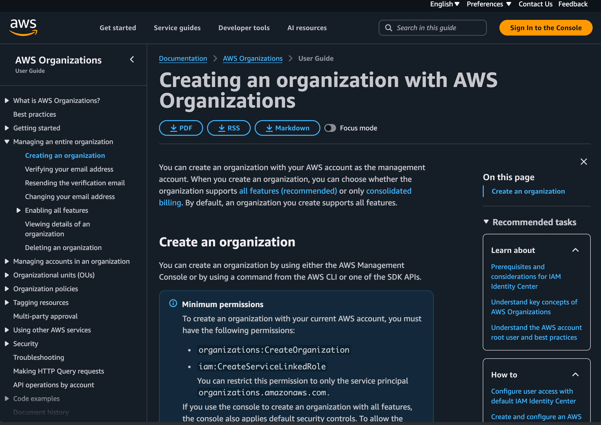 Official AWS Organizations documentation for creating an organization