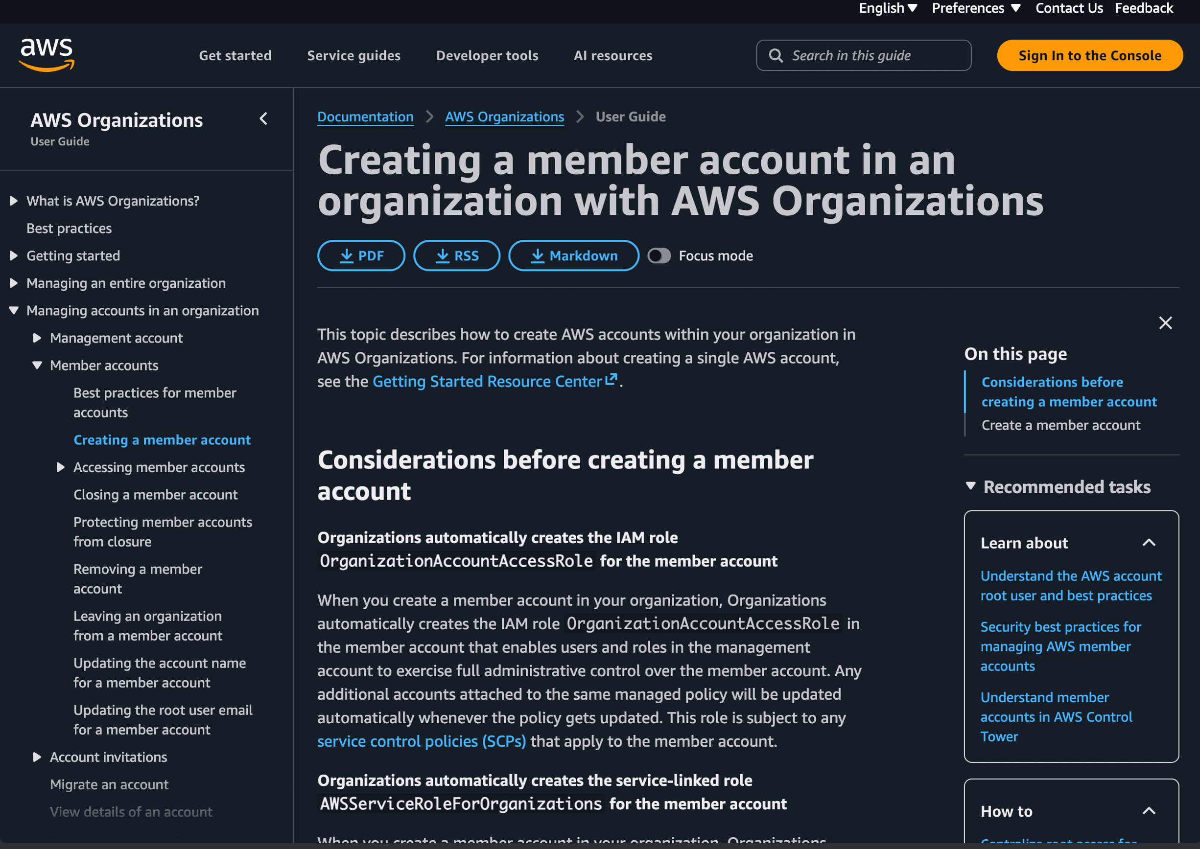 Official AWS Organizations documentation for creating a member account