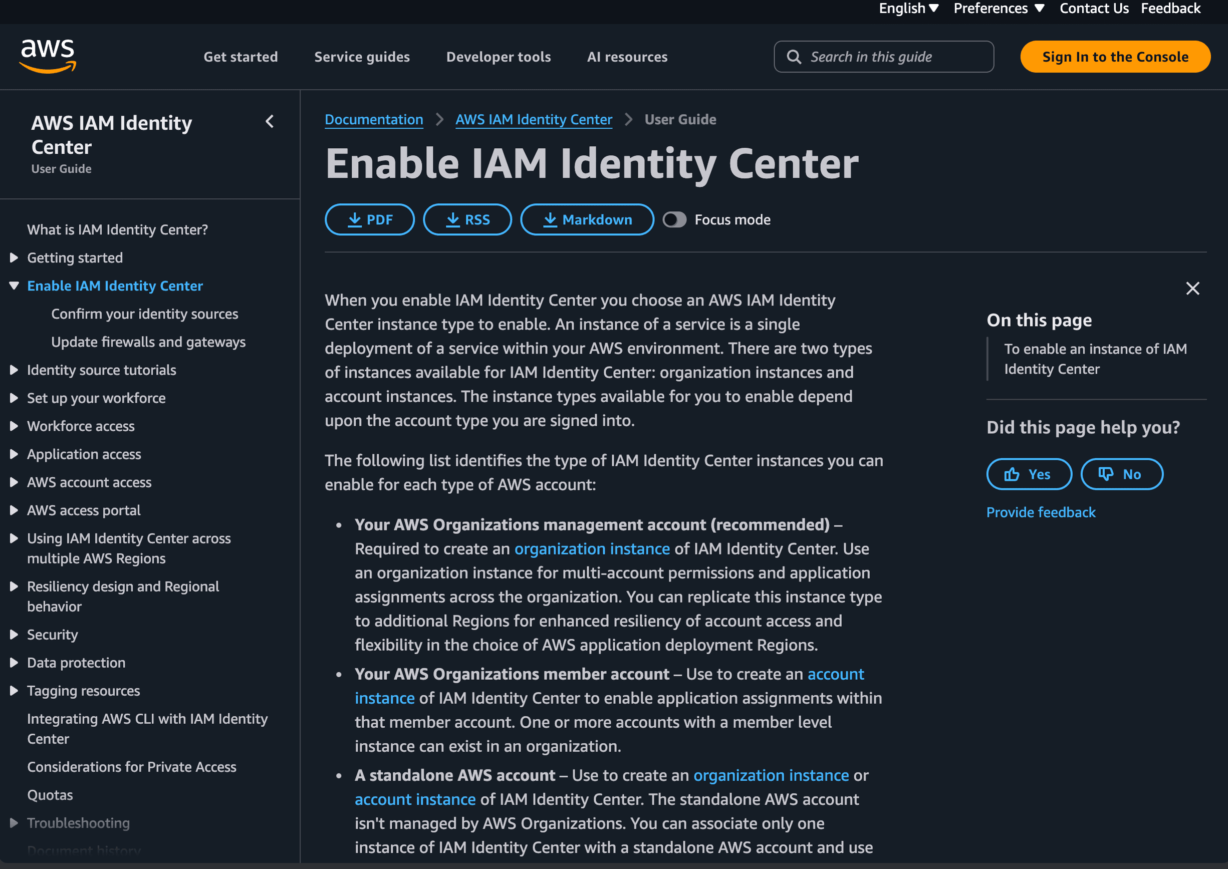 Official AWS documentation for enabling an IAM Identity Center organization instance