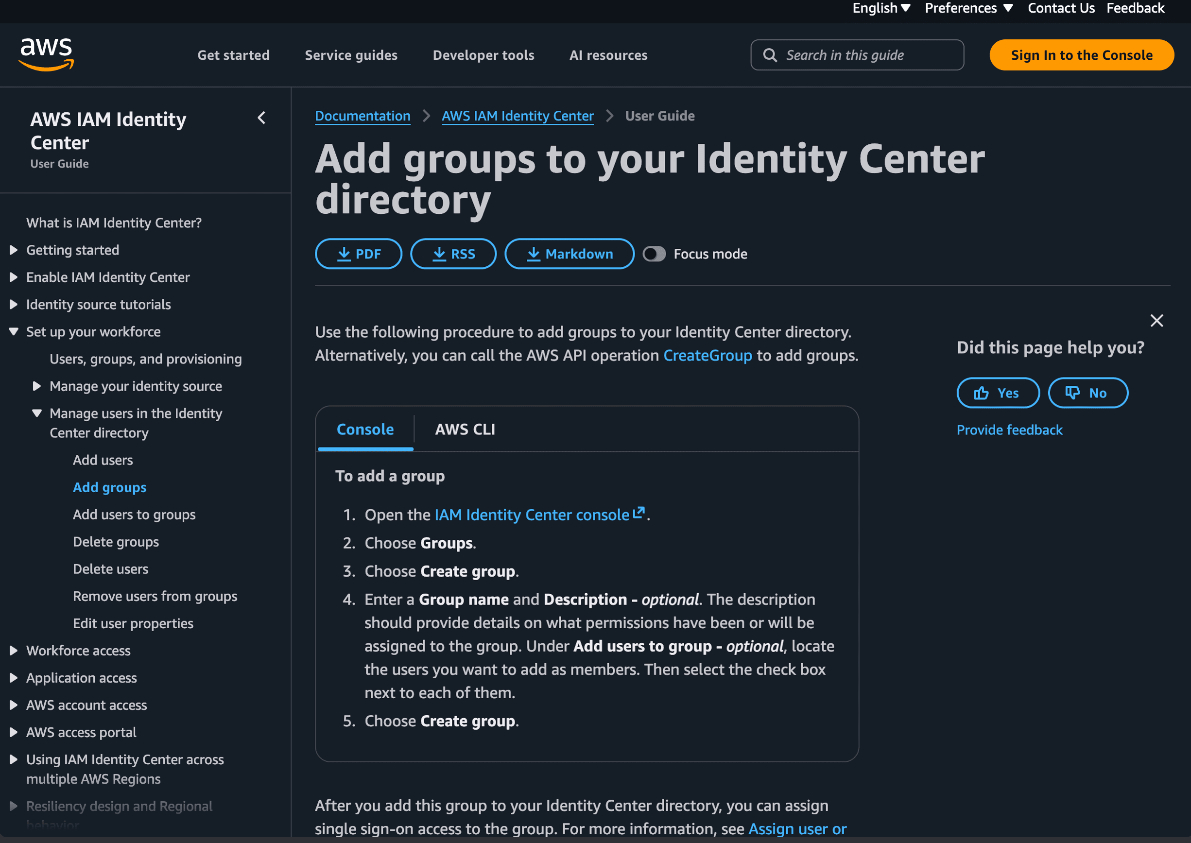Official AWS IAM Identity Center documentation for adding groups