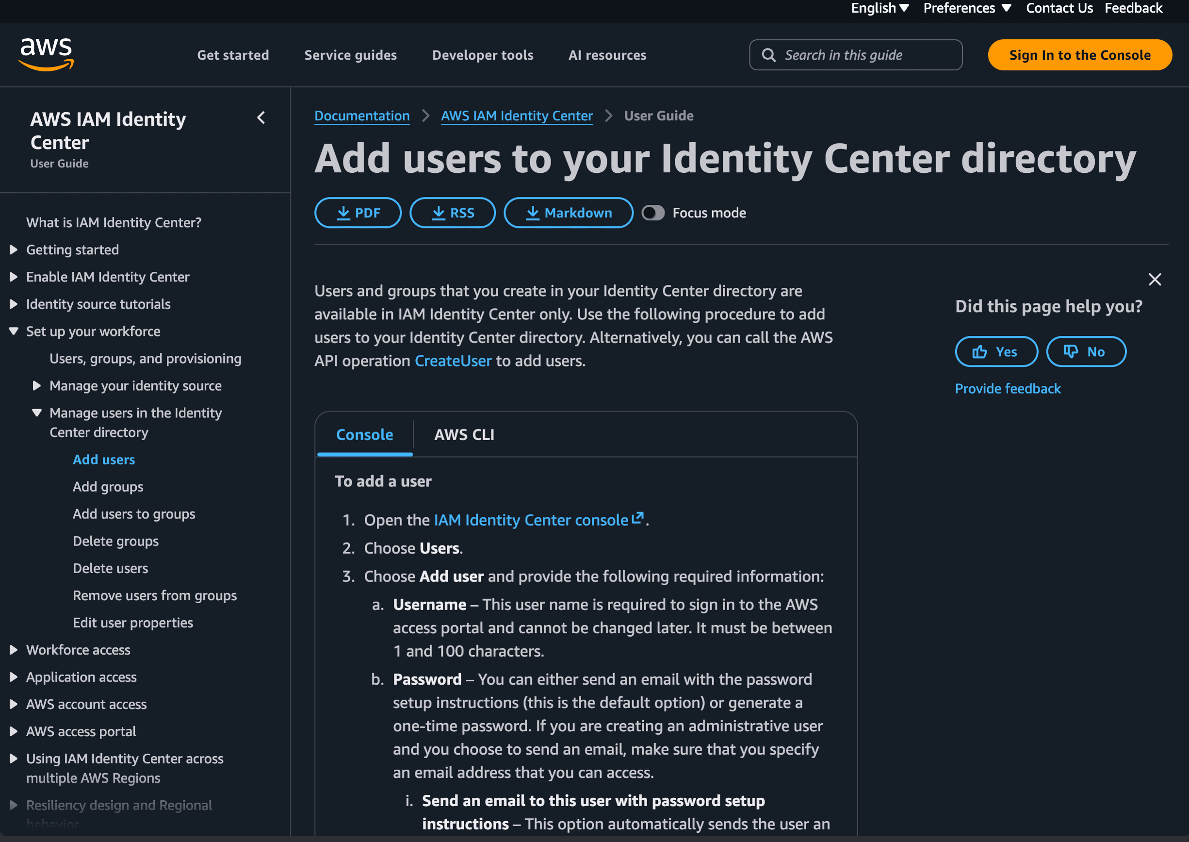 Official AWS IAM Identity Center documentation for adding users