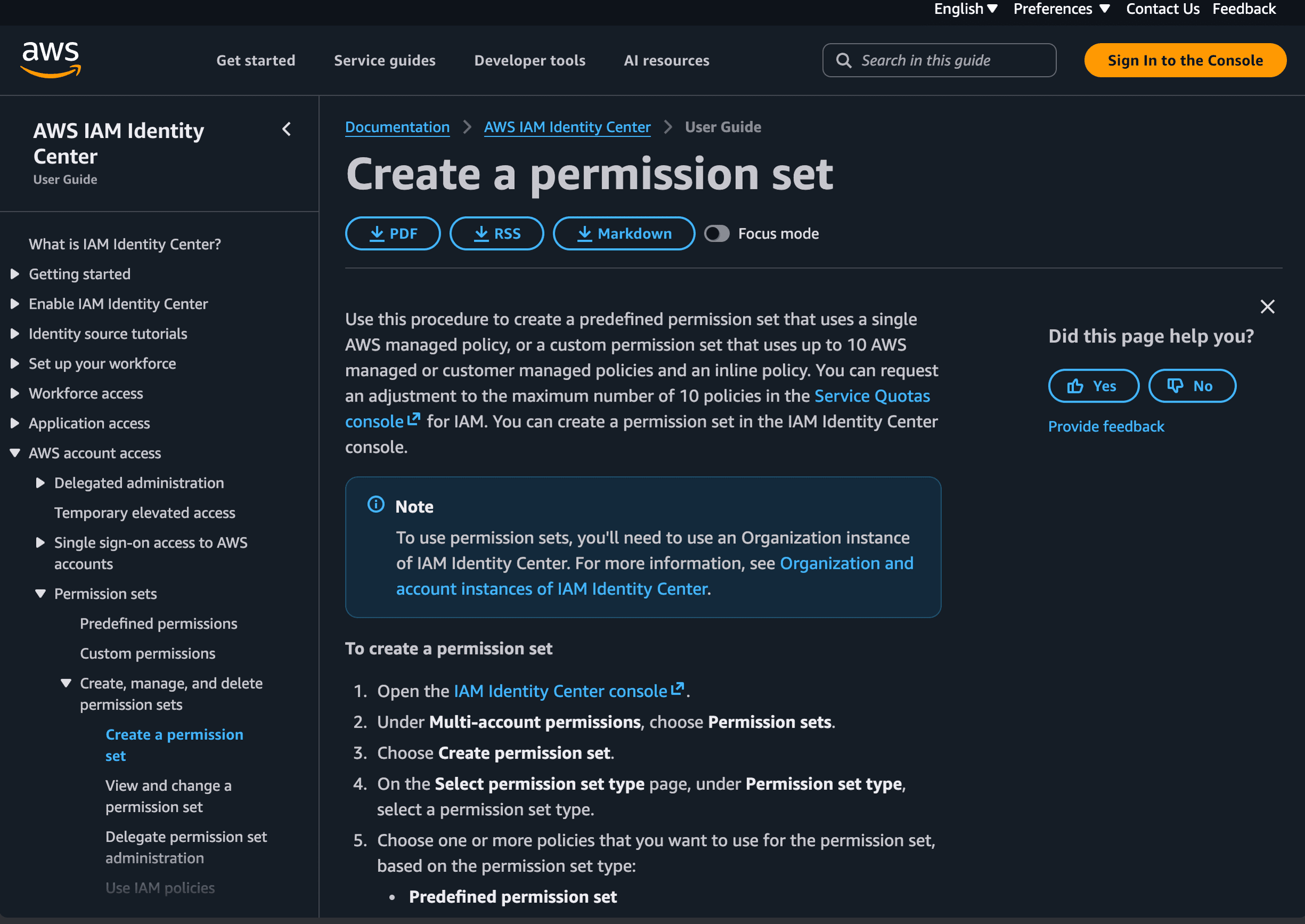 Official AWS IAM Identity Center documentation for creating a permission set