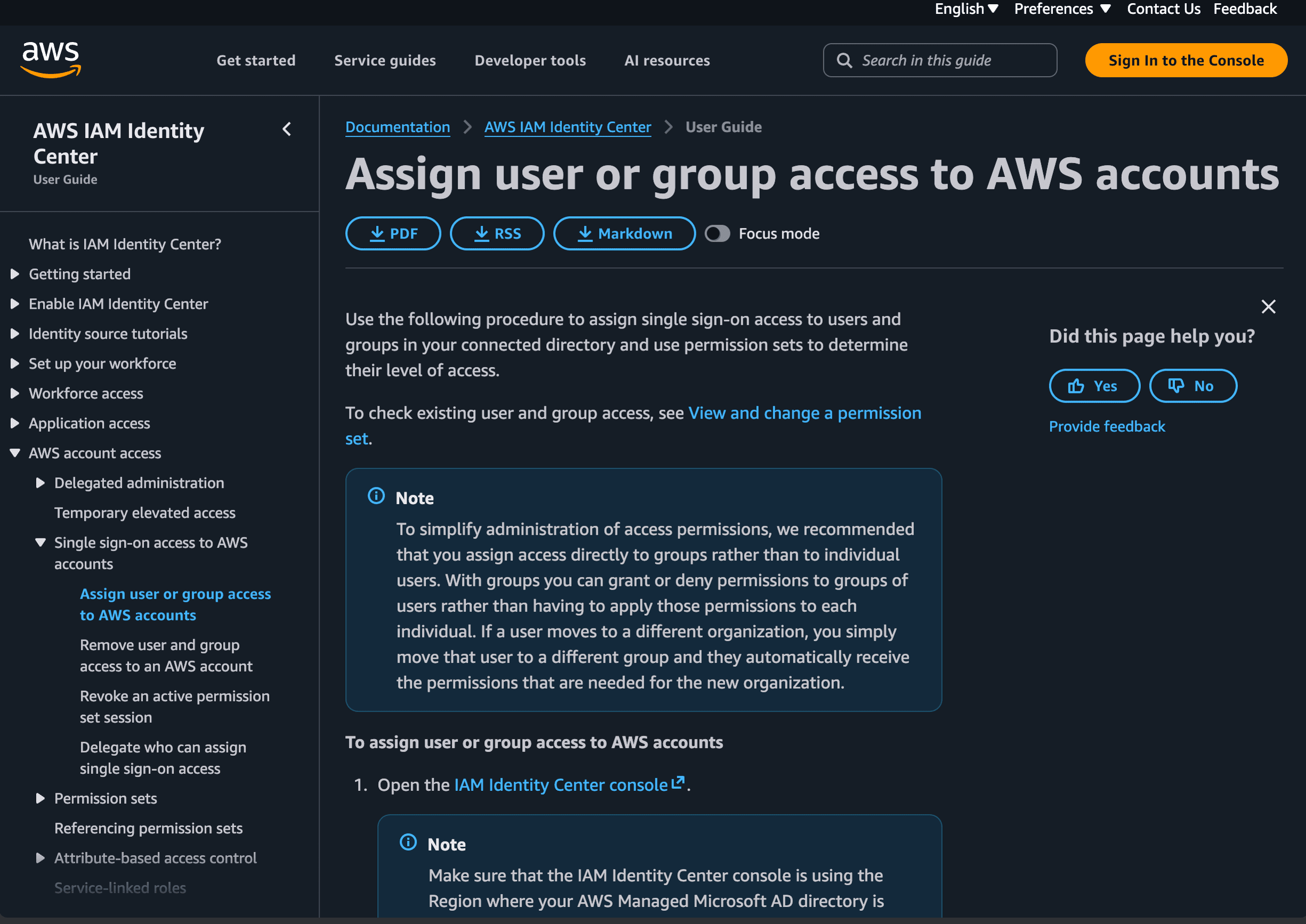 Official AWS IAM Identity Center documentation for assigning users or groups to AWS accounts