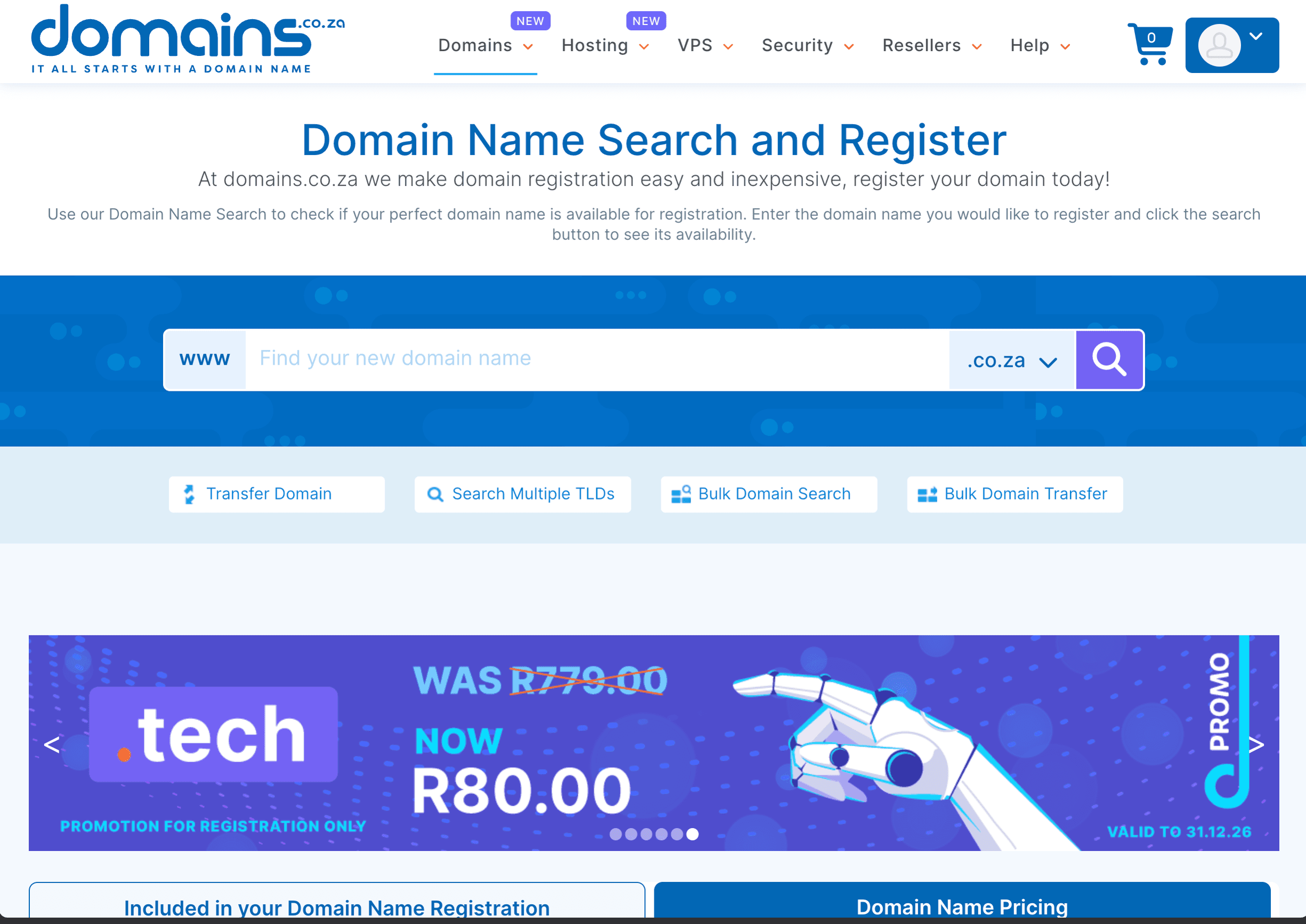 Live Domains.co.za domain registration page with an empty domain search field