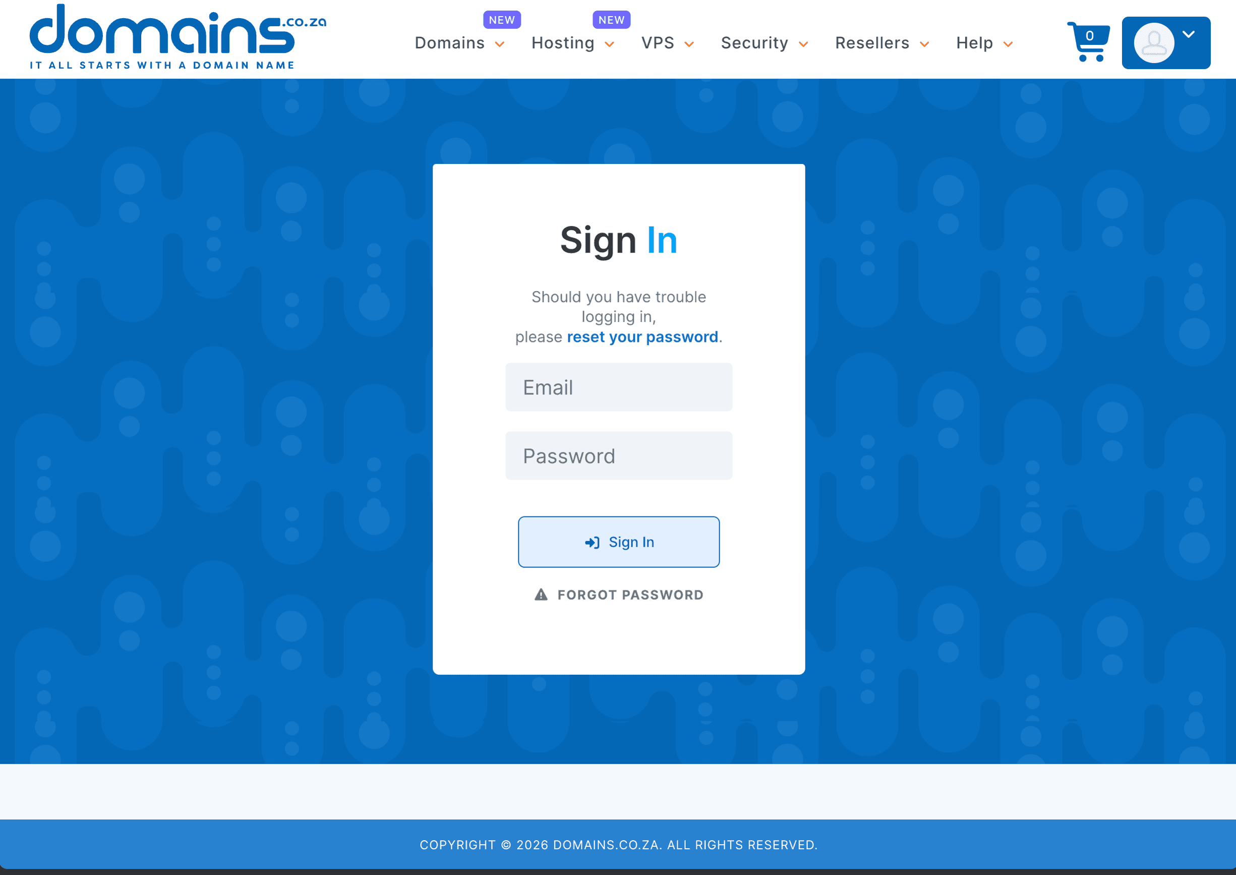 Live Domains.co.za sign-in page with empty email and password fields