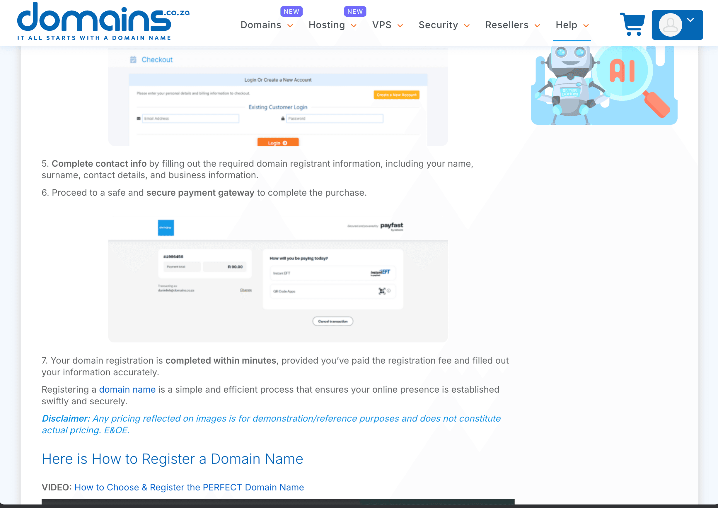 Official Domains.co.za registration guide showing its example checkout and secure payment gateway