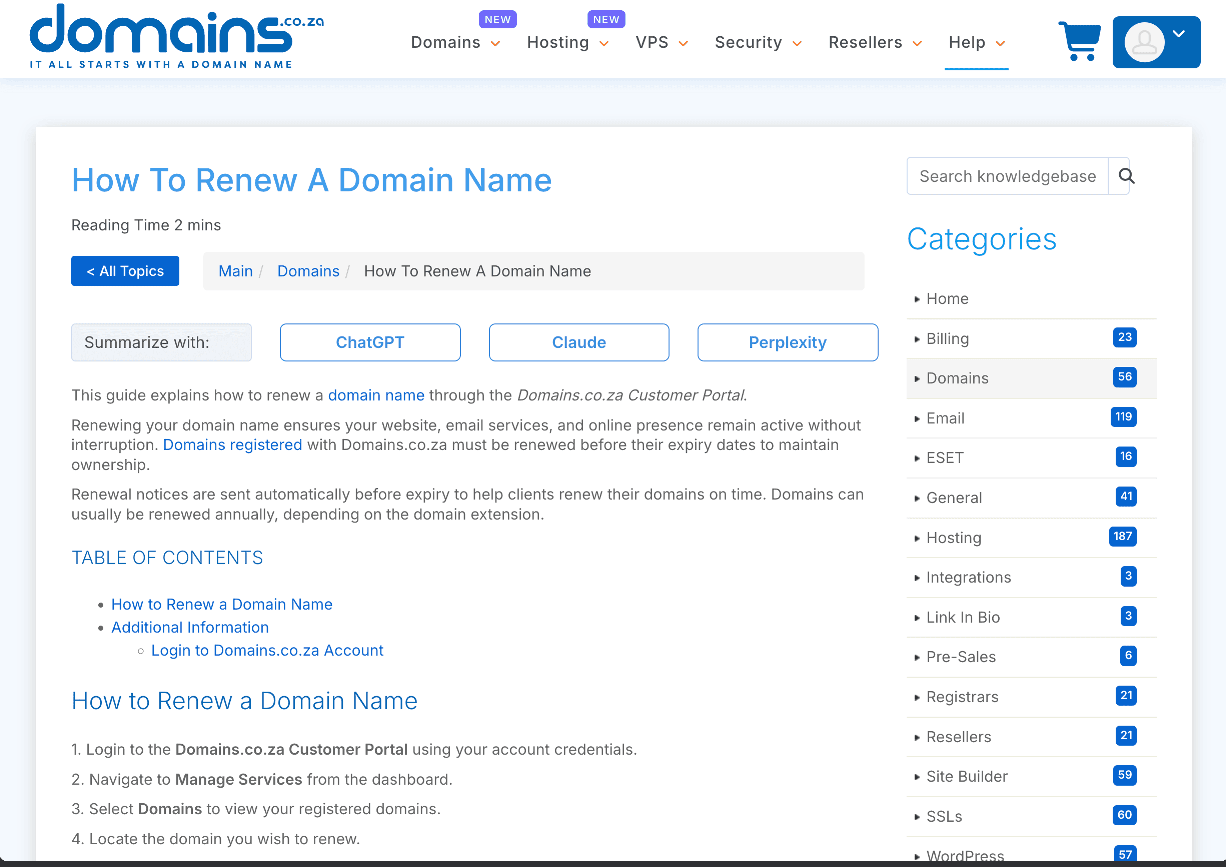 Official Domains.co.za guide explaining domain renewal in the customer portal