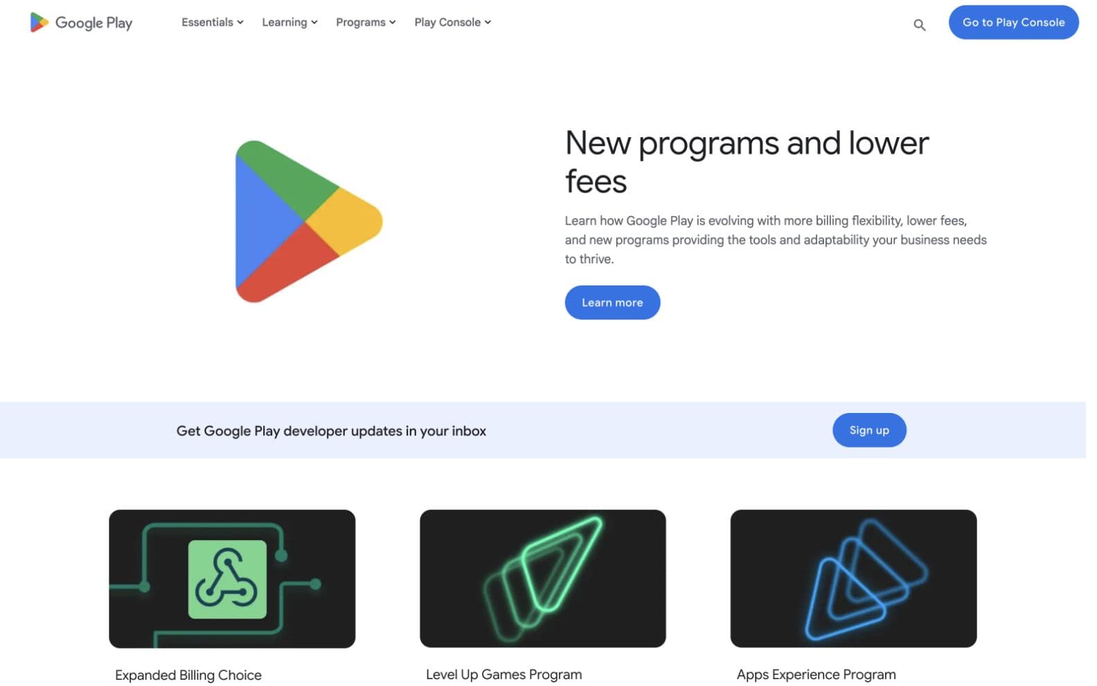 Google Play Console public overview page with the Get started entry point