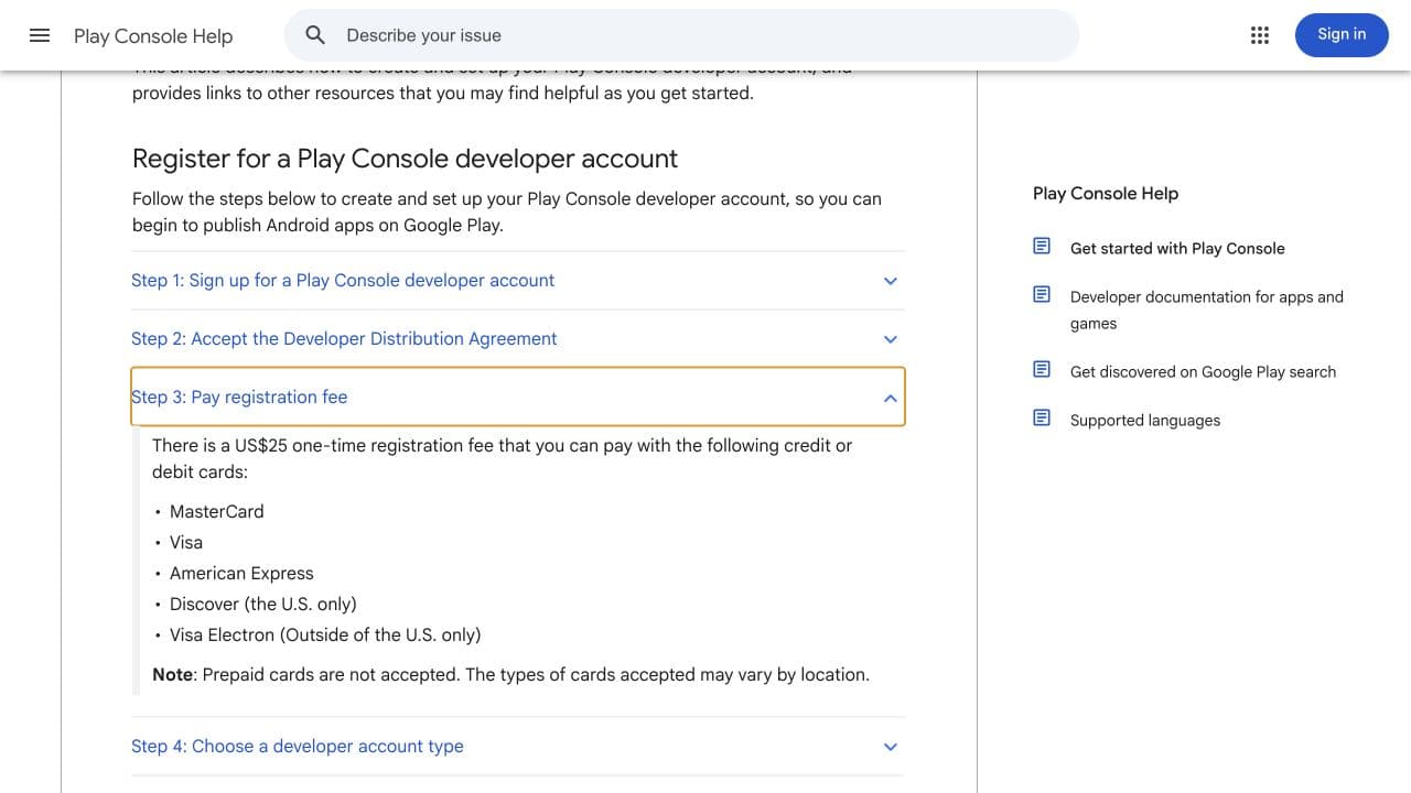 Google Play Console Help registration steps with the registration fee section expanded