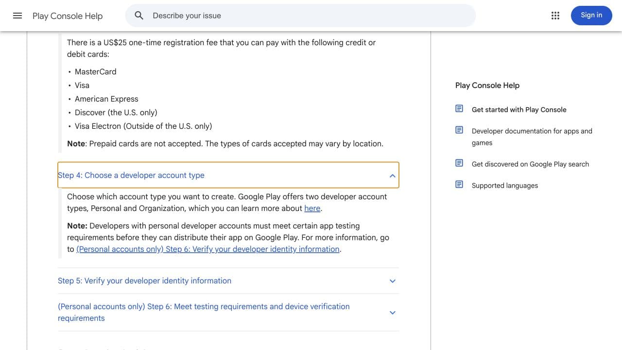 Google Play Console Help account-type guidance with the developer account type section expanded
