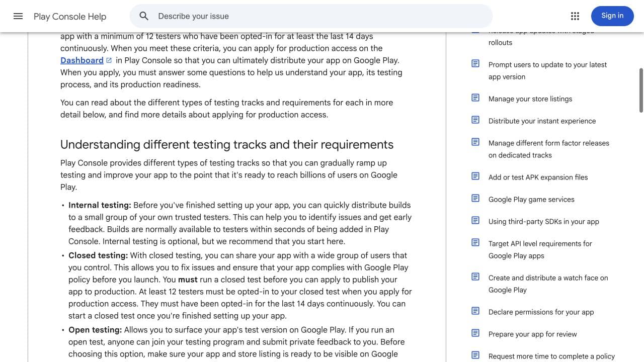 Google Play Console Help stating the 12 testers for 14 continuous days requirement for applicable new personal accounts