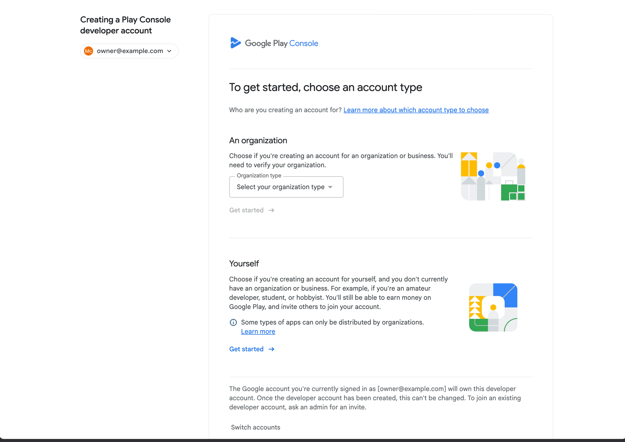 Google Play Console sign-up welcome page showing your signed-in account