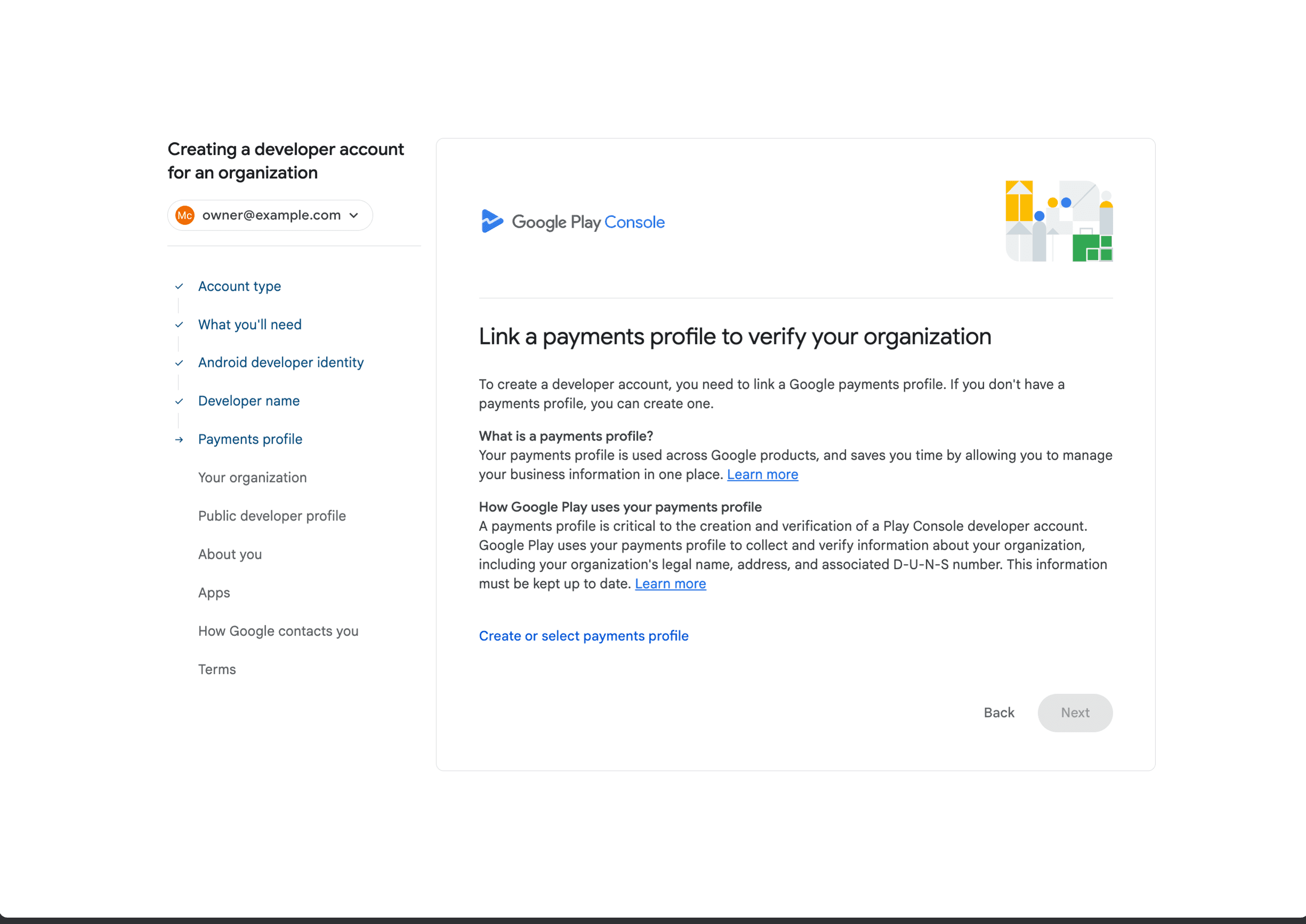 Google Play Console organization registration step for creating or selecting a payments profile