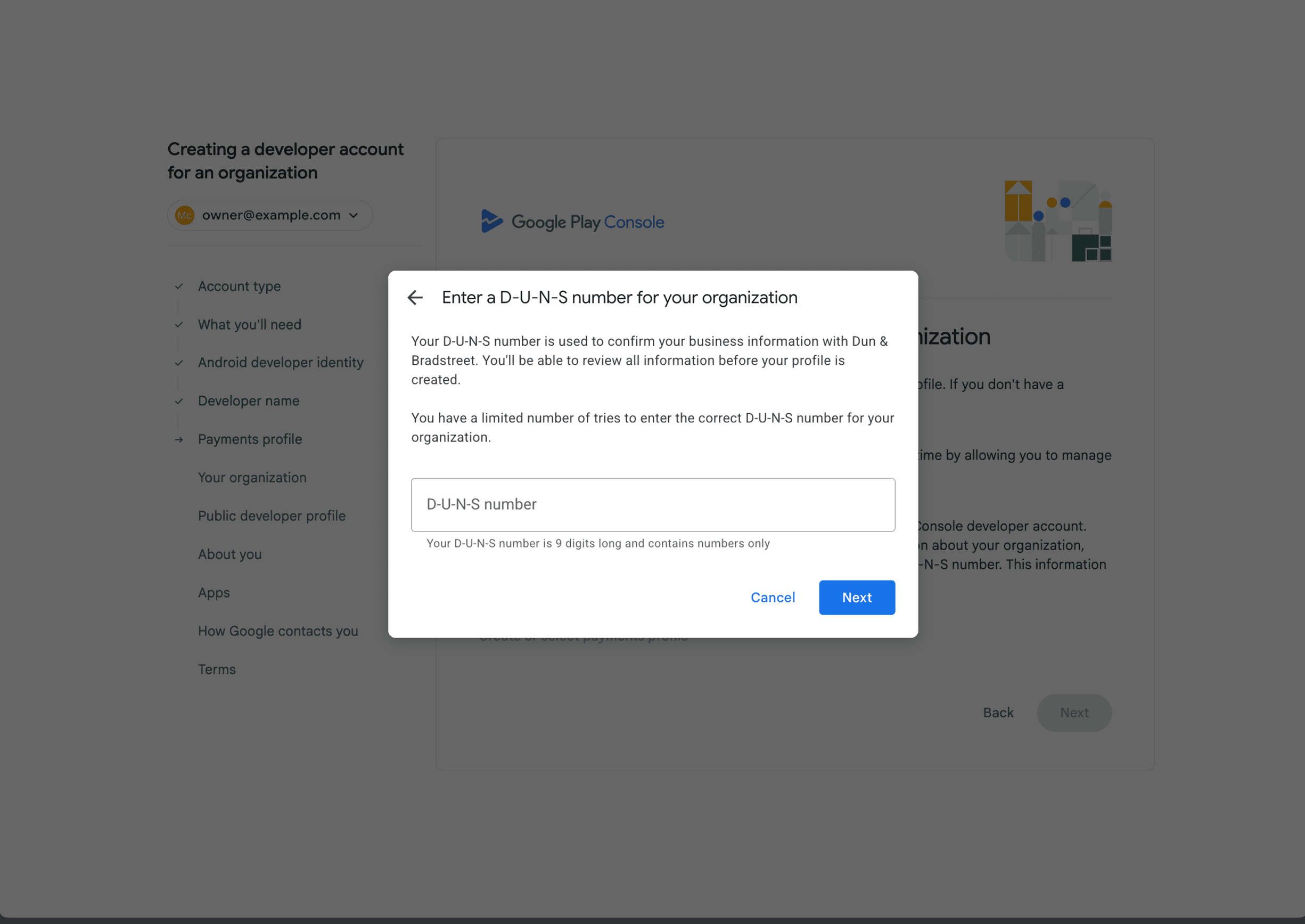 Google payments profile form requesting the organization's D-U-N-S number