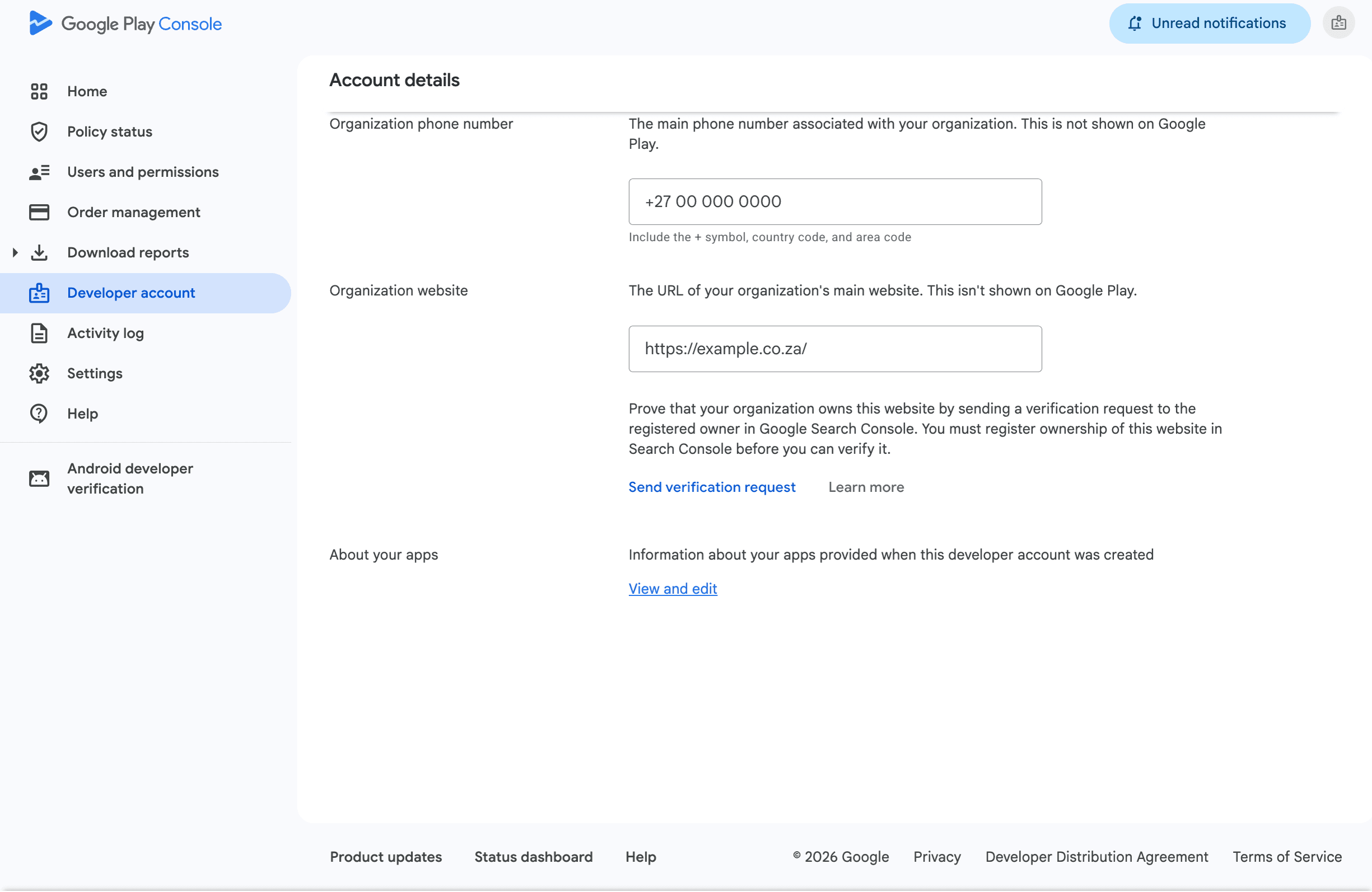 Google Play Console website verification screen linked to Google Search Console