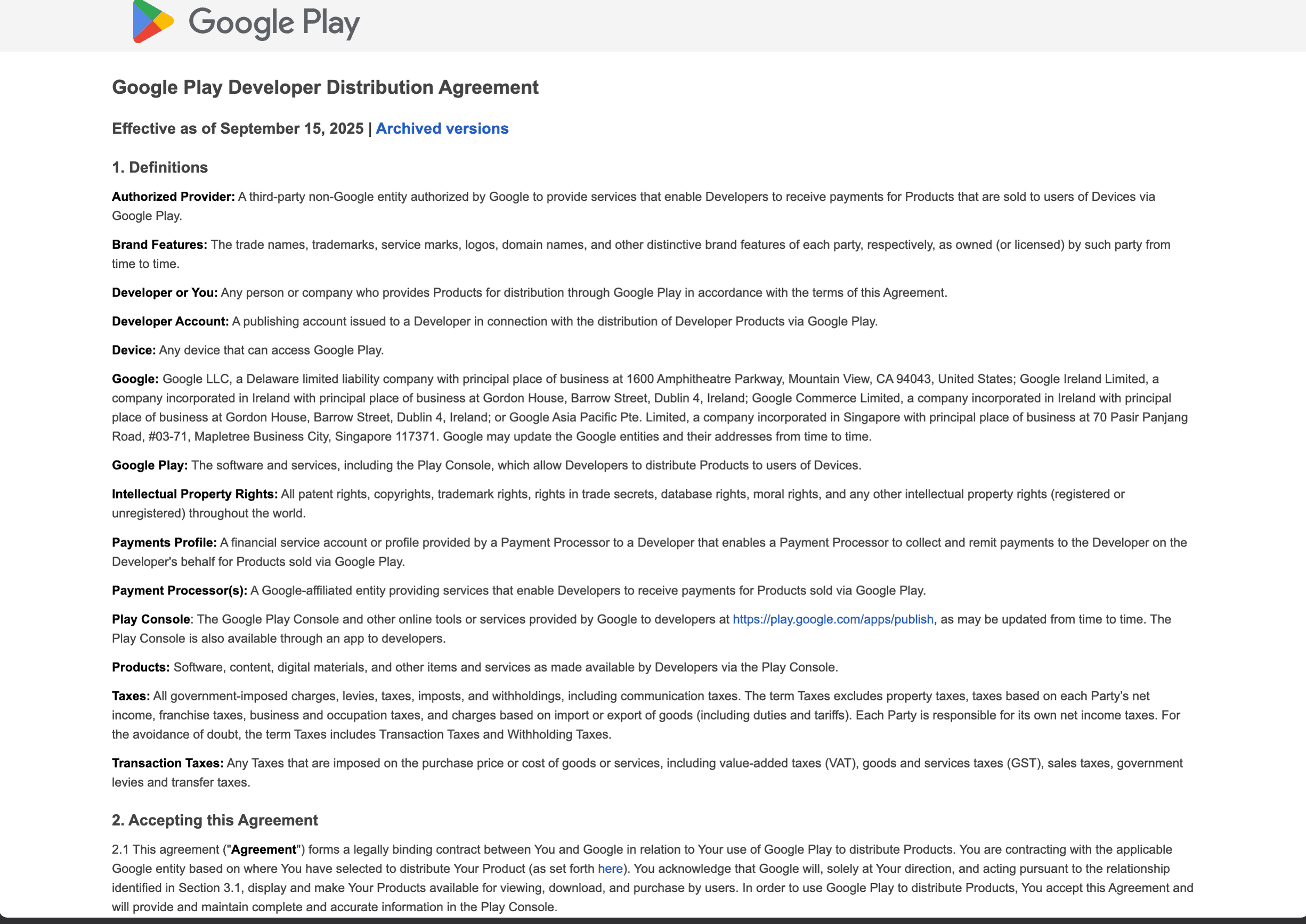 Official Google Play Developer Distribution Agreement page
