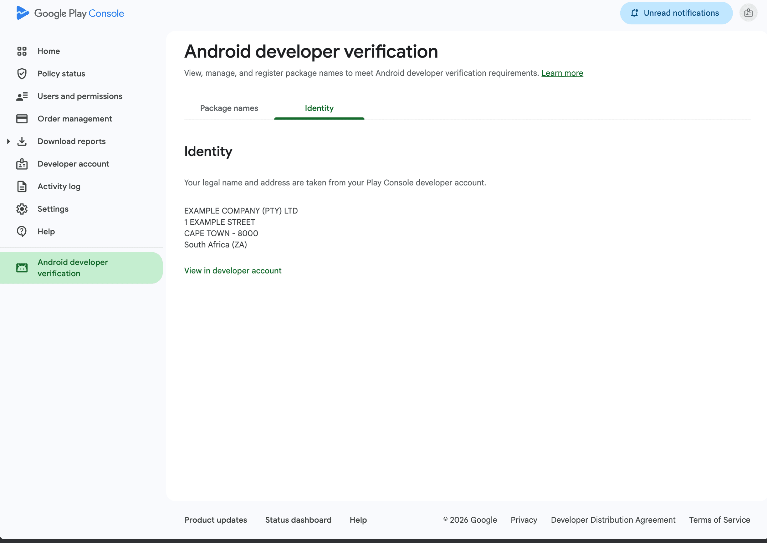 Google Play Console Android developer verification Identity tab with redacted example organization details
