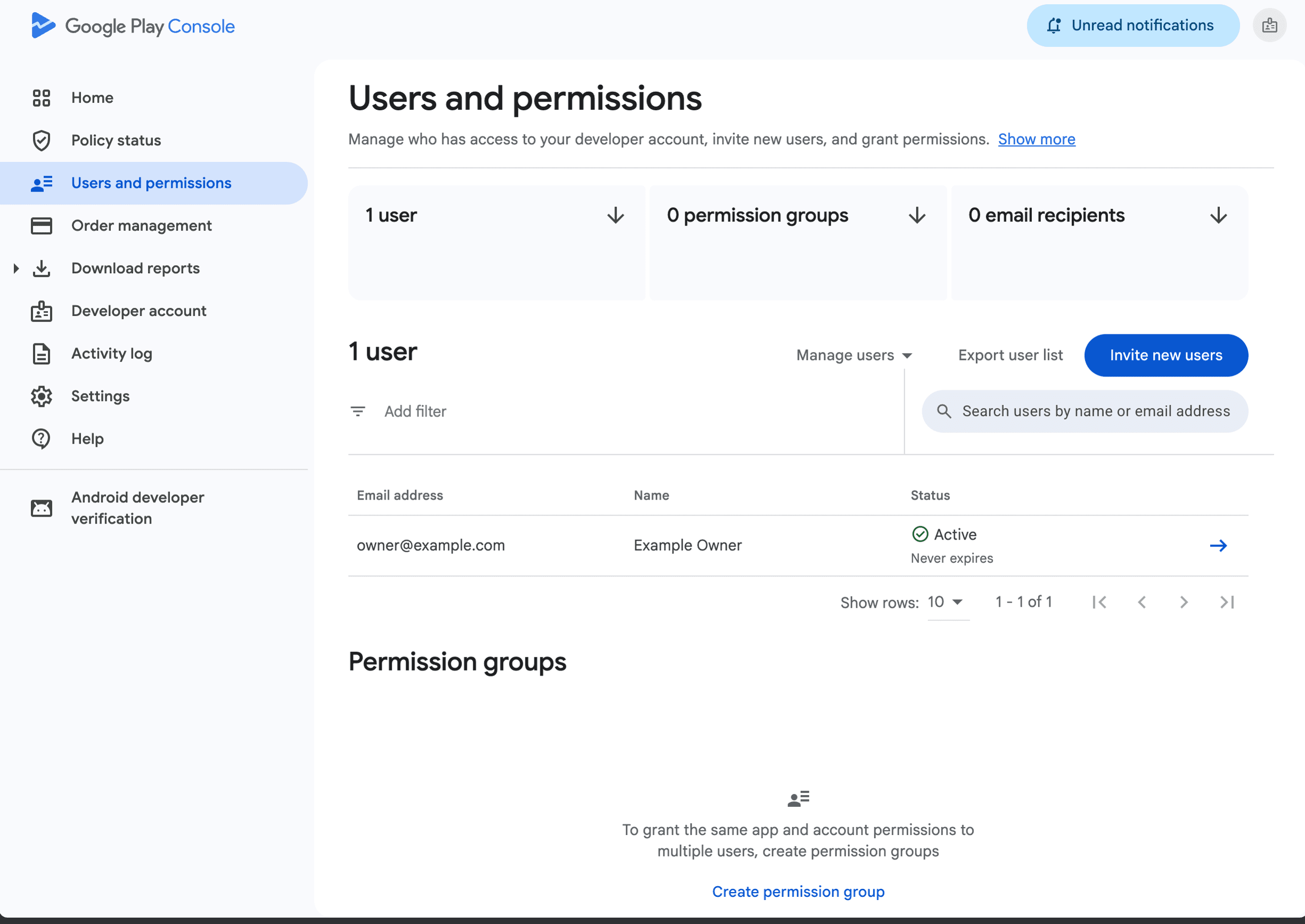 Google Play Console Users and permissions page with Invite new users visible