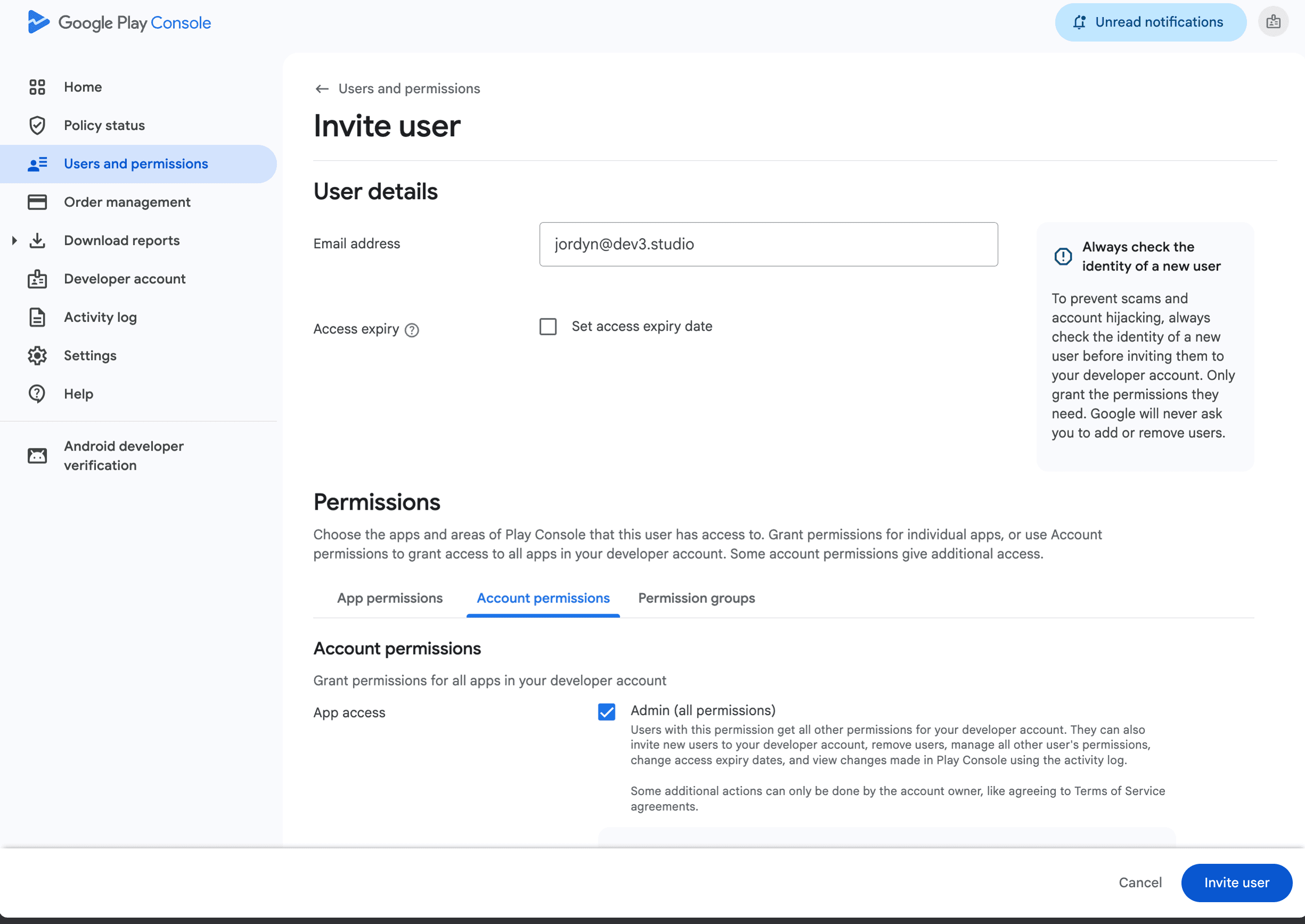 Google Play Console invitation assigning Admin all permissions to a Dev3 Studio team member