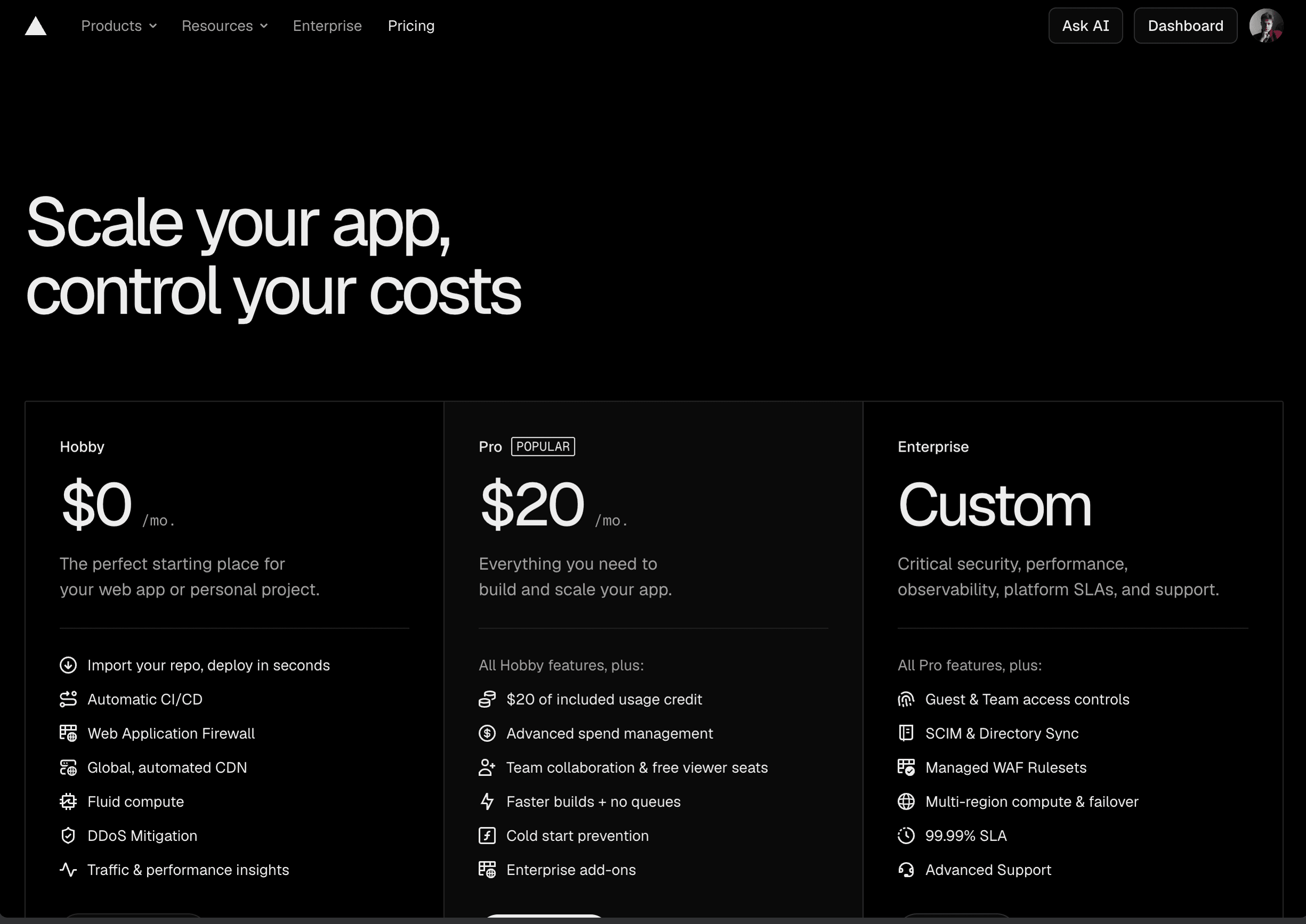 Vercel pricing page showing the Hobby and Pro plan details