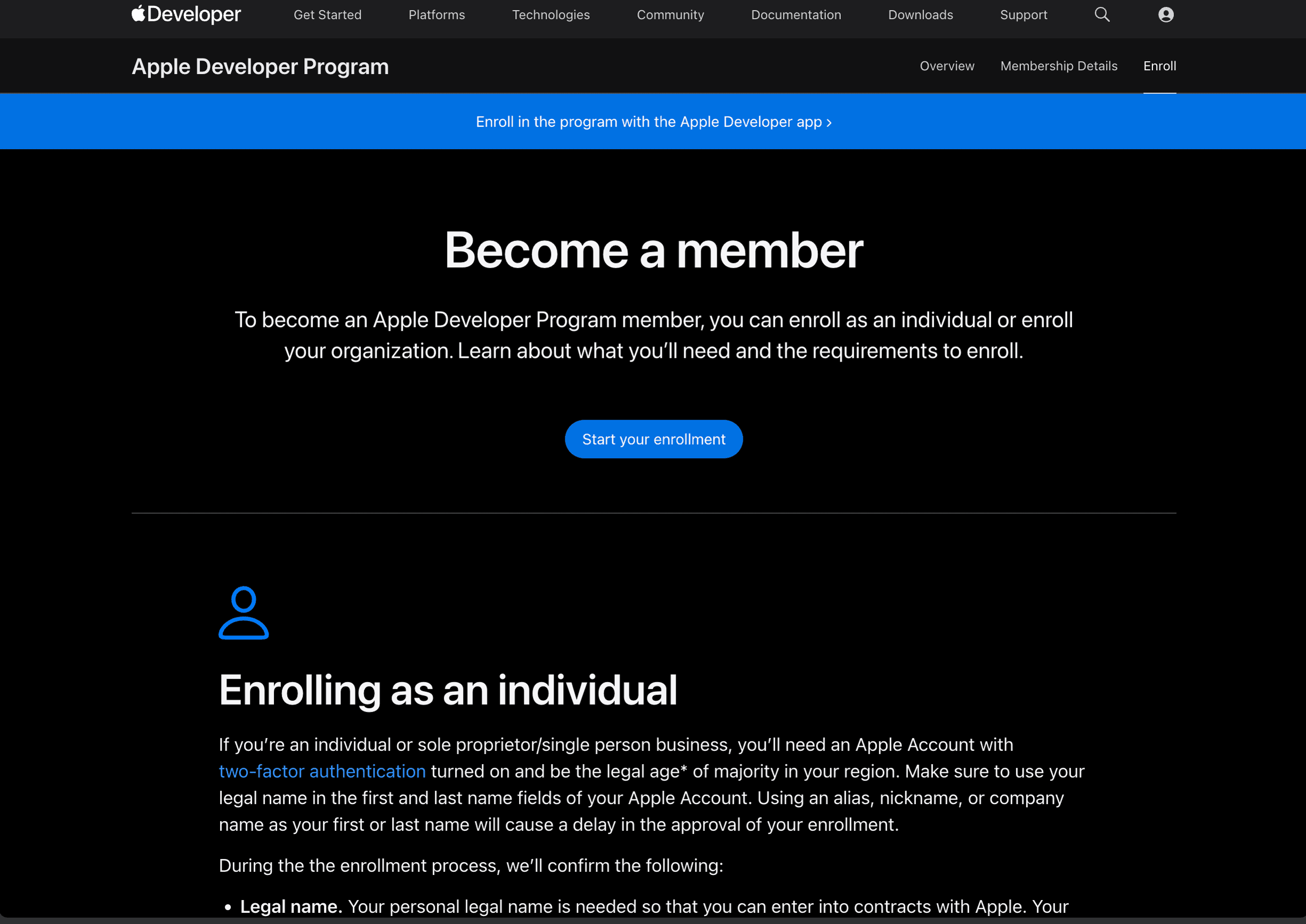 Official Apple Developer Program enrolment page
