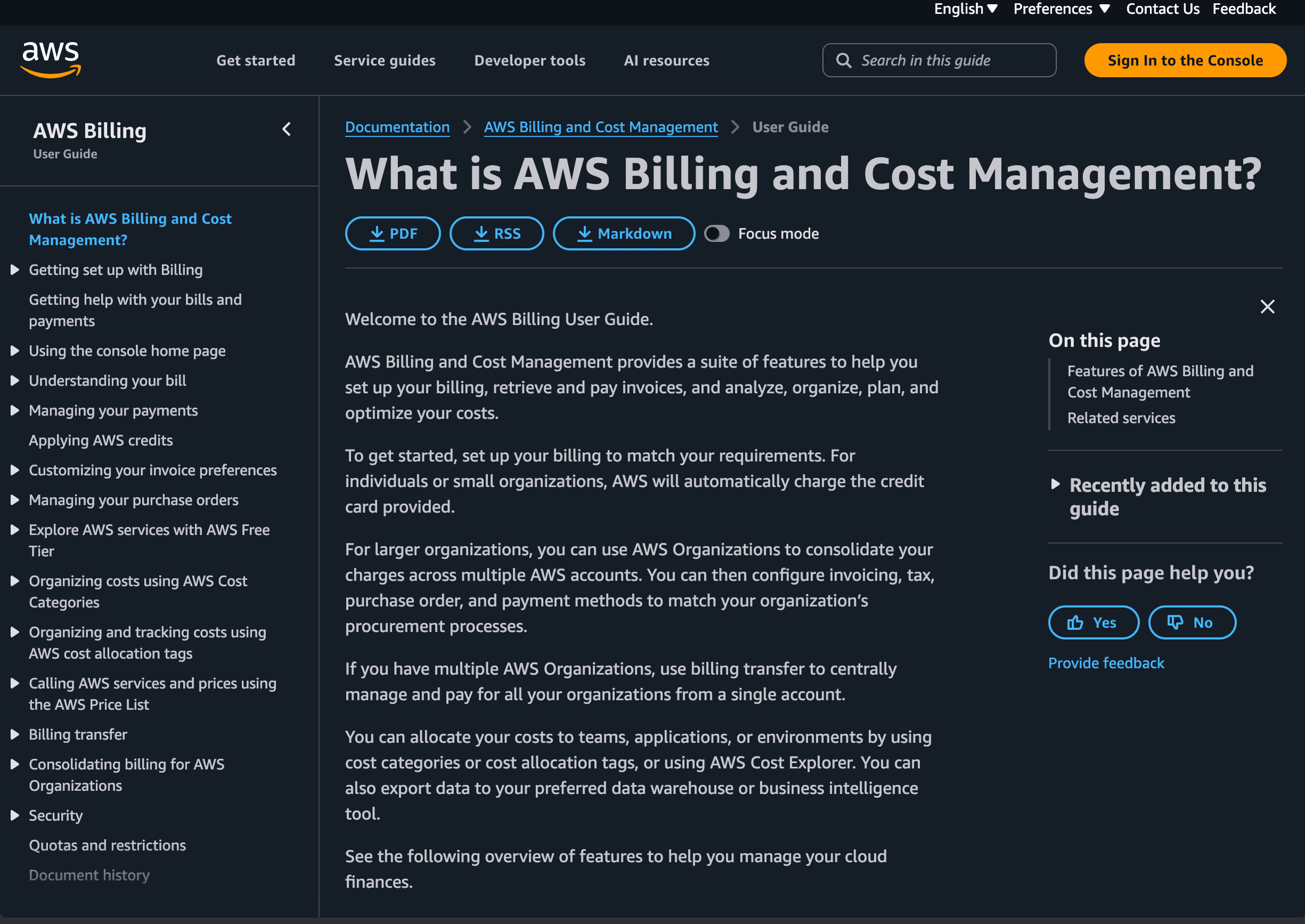 AWS documentation for downloading monthly invoices