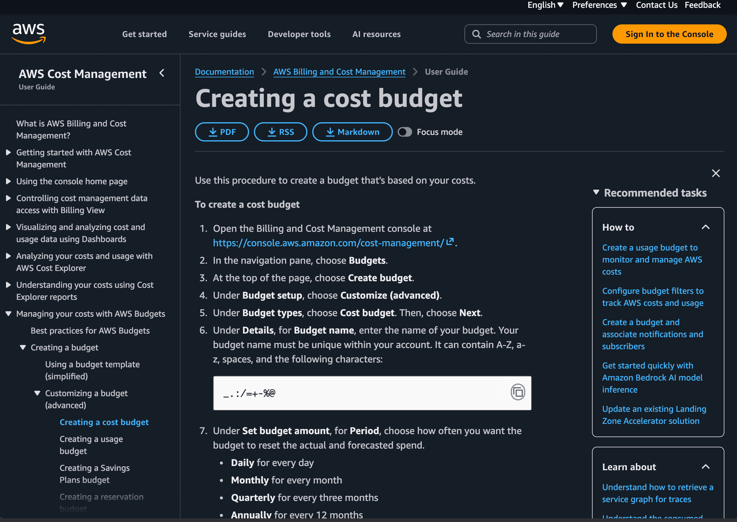 Official AWS documentation for creating a cost budget